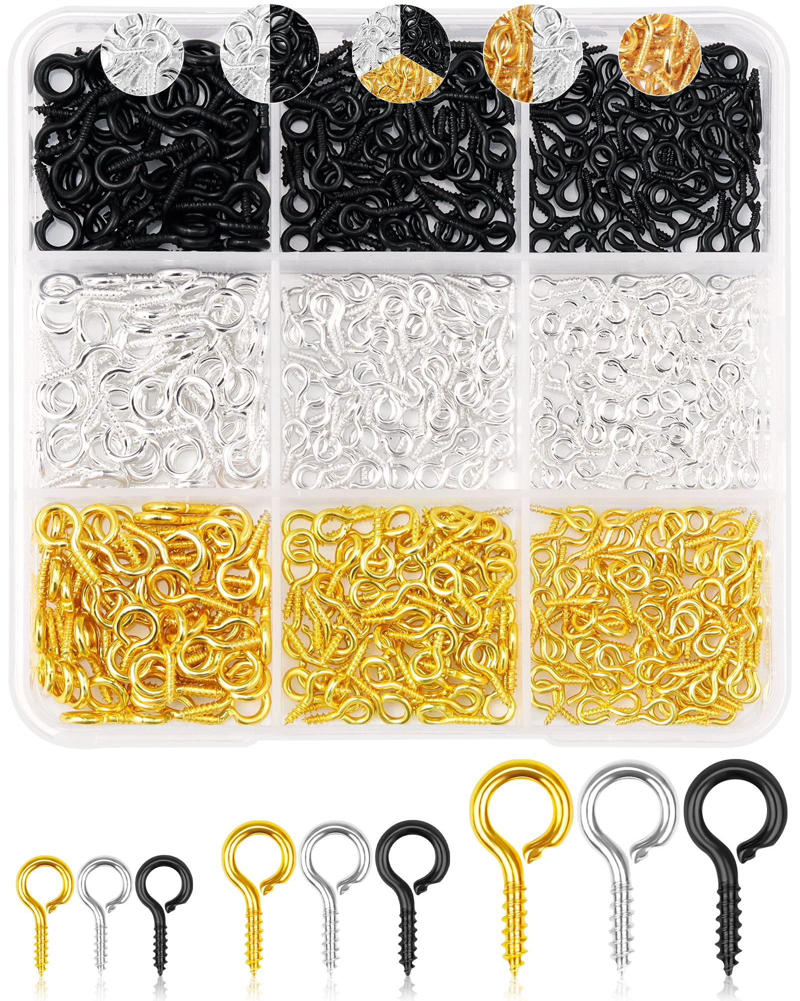 FIVEIZERO 600pcs Small Eye Pins for Jewelry Making &amp; DIY Crafts, 3 Color Mini Eyelet Screws for Art Projects &amp; Bead Charms, Tiny Eye Hooks for Crafts (Gold, Silver &amp; Black, 3 Sizes)