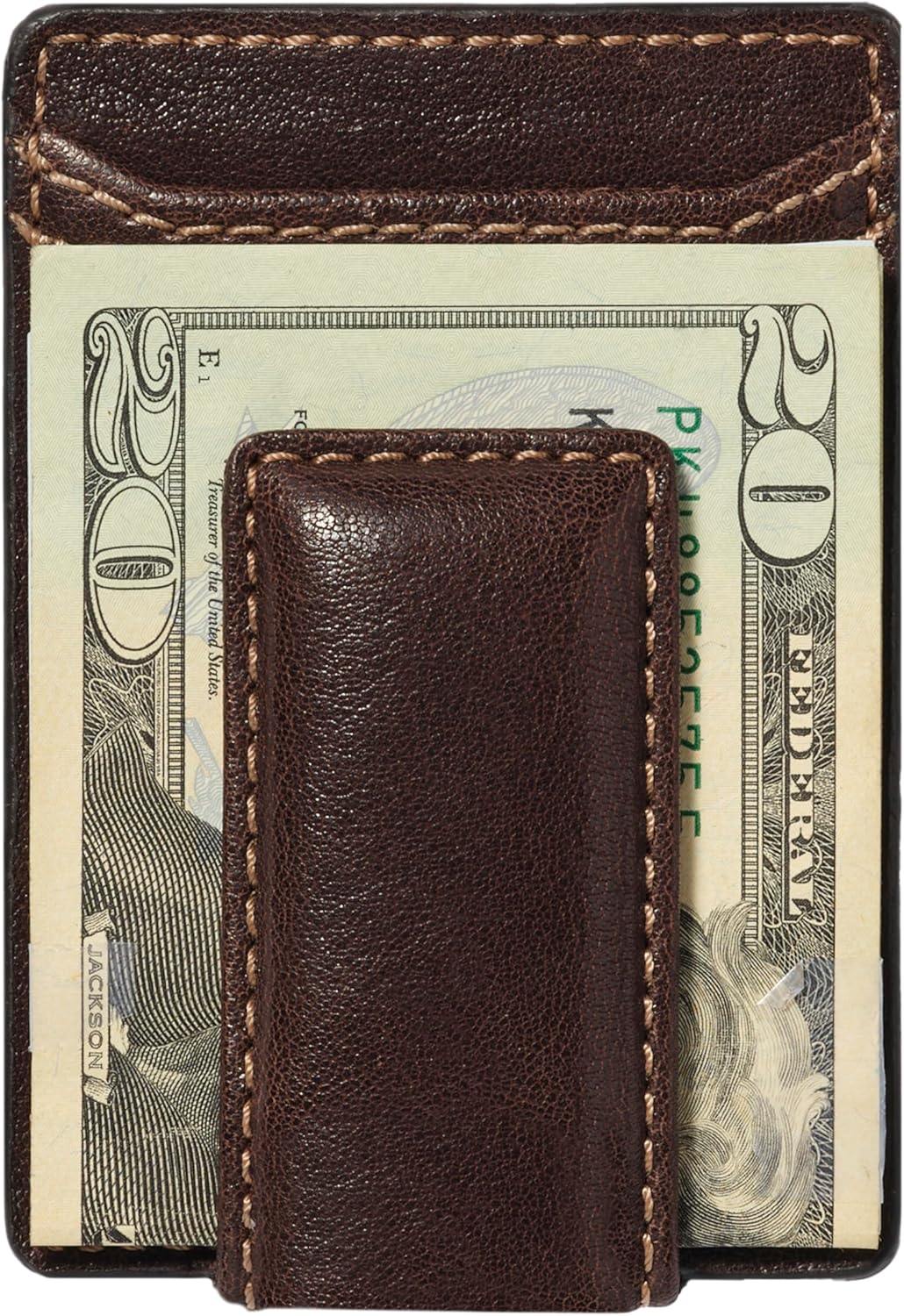 House of Jack Co. Corbin Slim Money Clip Wallet for Men, Strong Magnetic Clip with Exterior ID Window, Full Grain Cowhide Leather Front Pocket, Brown