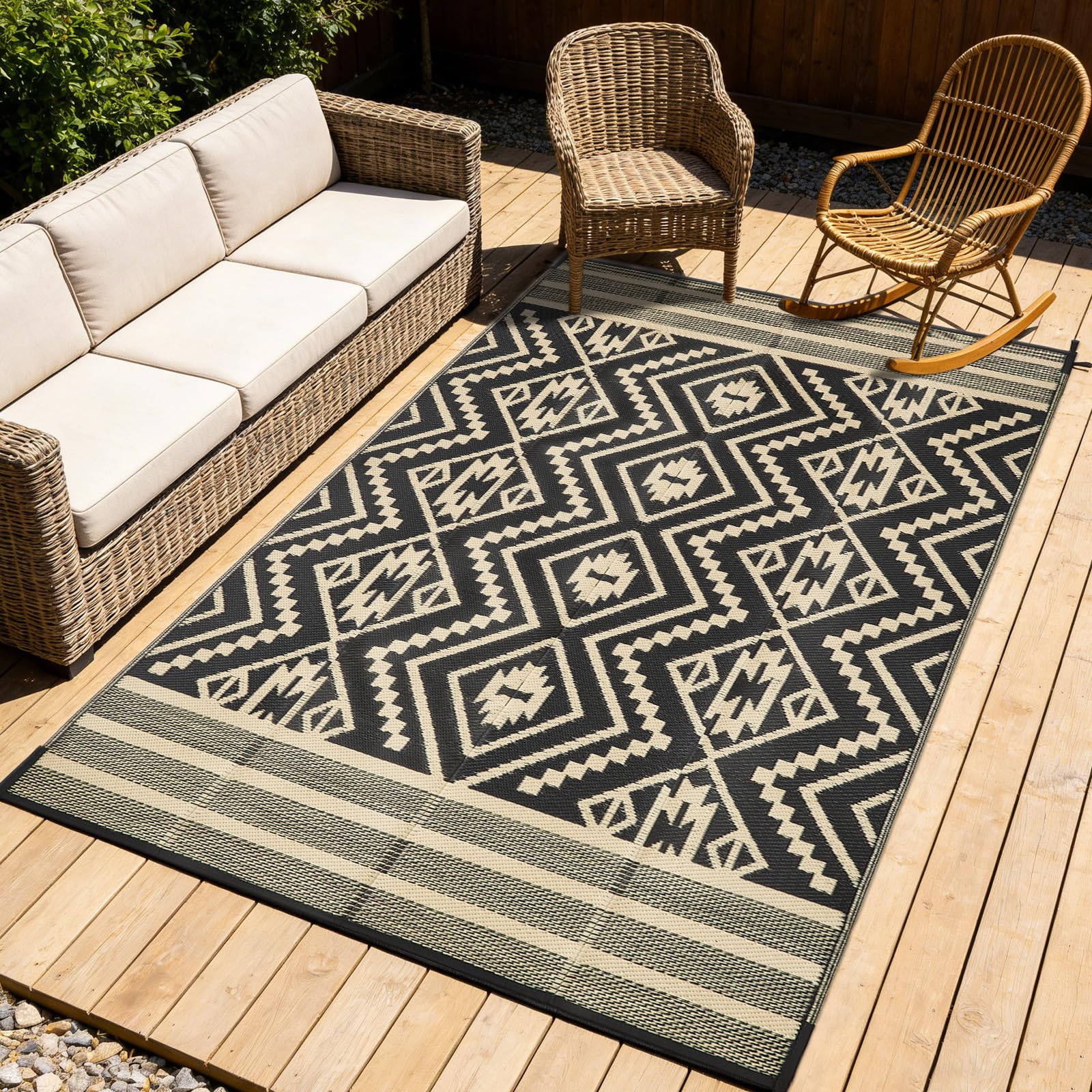 Hixingo Tappeto da Esterno Impermeabile (Geometria nera,183 * 274cm) | Grande in Plastica Tappeto da Giardino Reversibile Leggero Resistente ai Raggi UV Pieghevole Tappetino per Patio Balcone