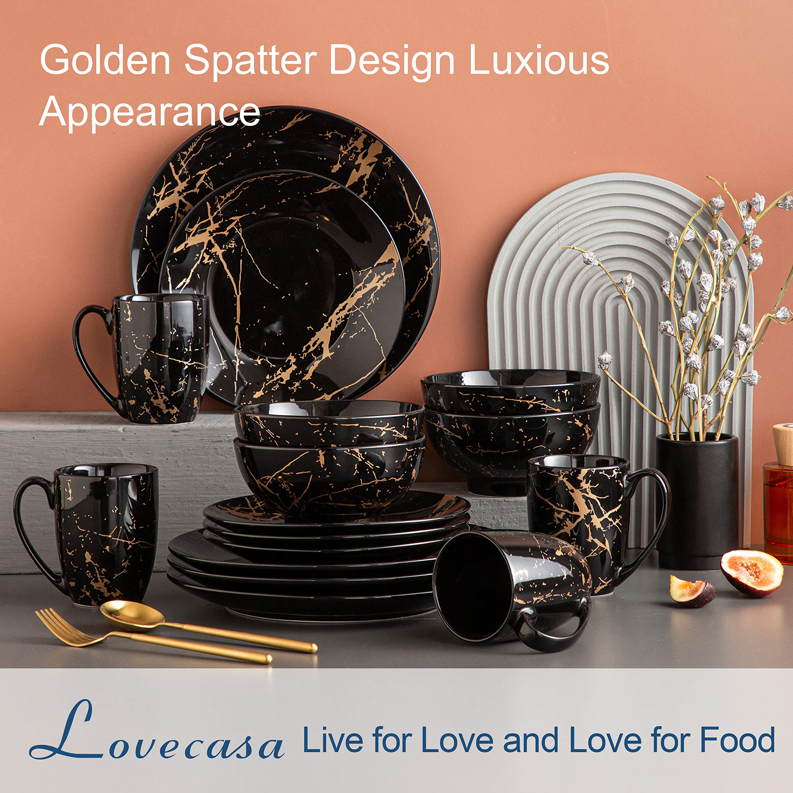 LOVECASA Daphne - Assiettes Service de Table Moderne, Vaisselle Complète pour 8 Personnes en Porcelaine, 32 Pièces (Assiettes Plates, à Dessert, Bols à Céréales, à Pâtes) - Design Noir & Doré