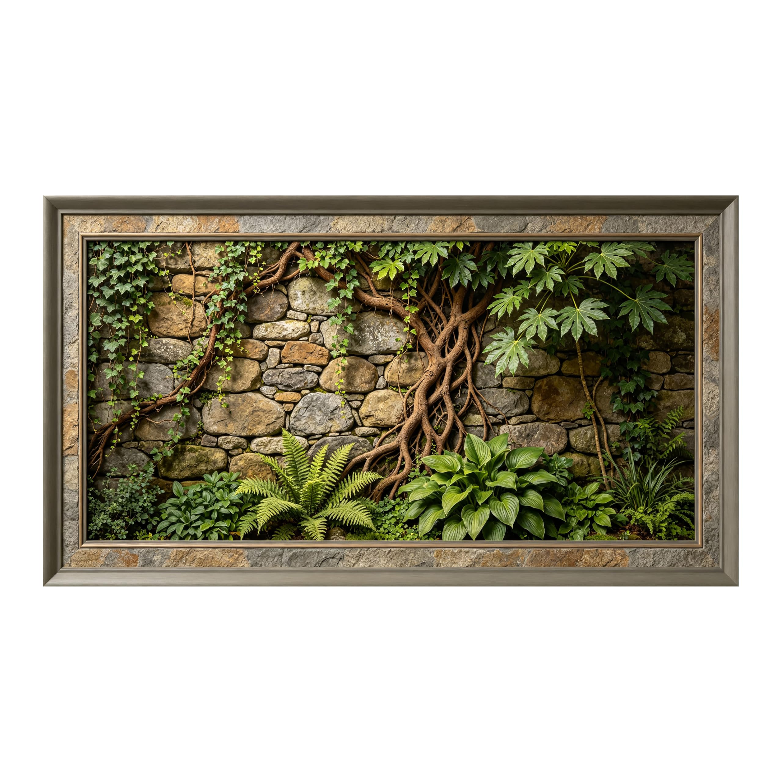 Yzpallescene 3D Framed Wall Art Rustic Stone Wall Tropical Botanical Vines 3D Effect Large Size SelfAdhesive Removable Wall Decor Prints Artwork for Living Room Bedroom Office