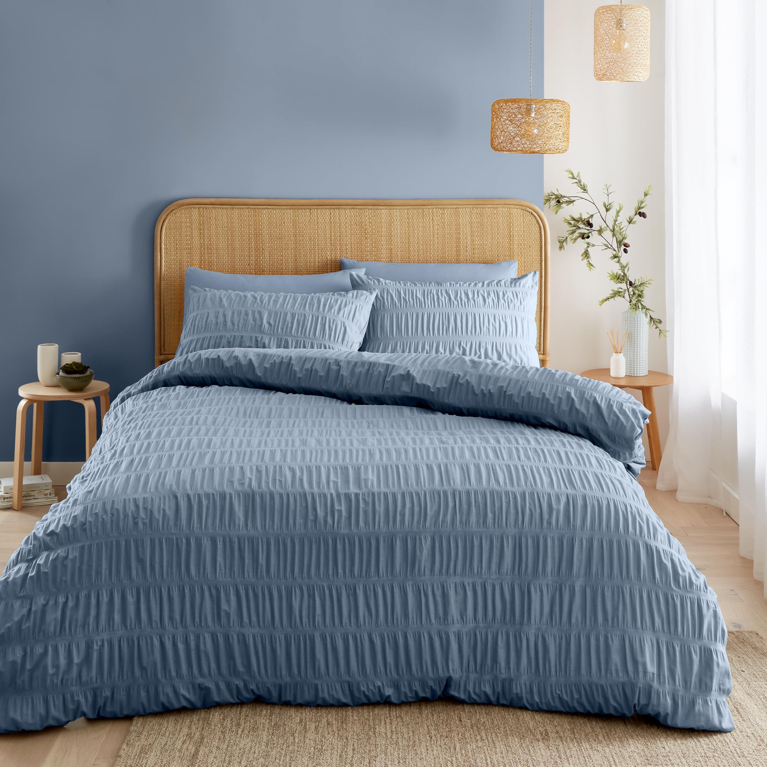 Catherine Lansfield Lansfield Blue Seersucker King Duvet Cover Set With Pillowcases Blue