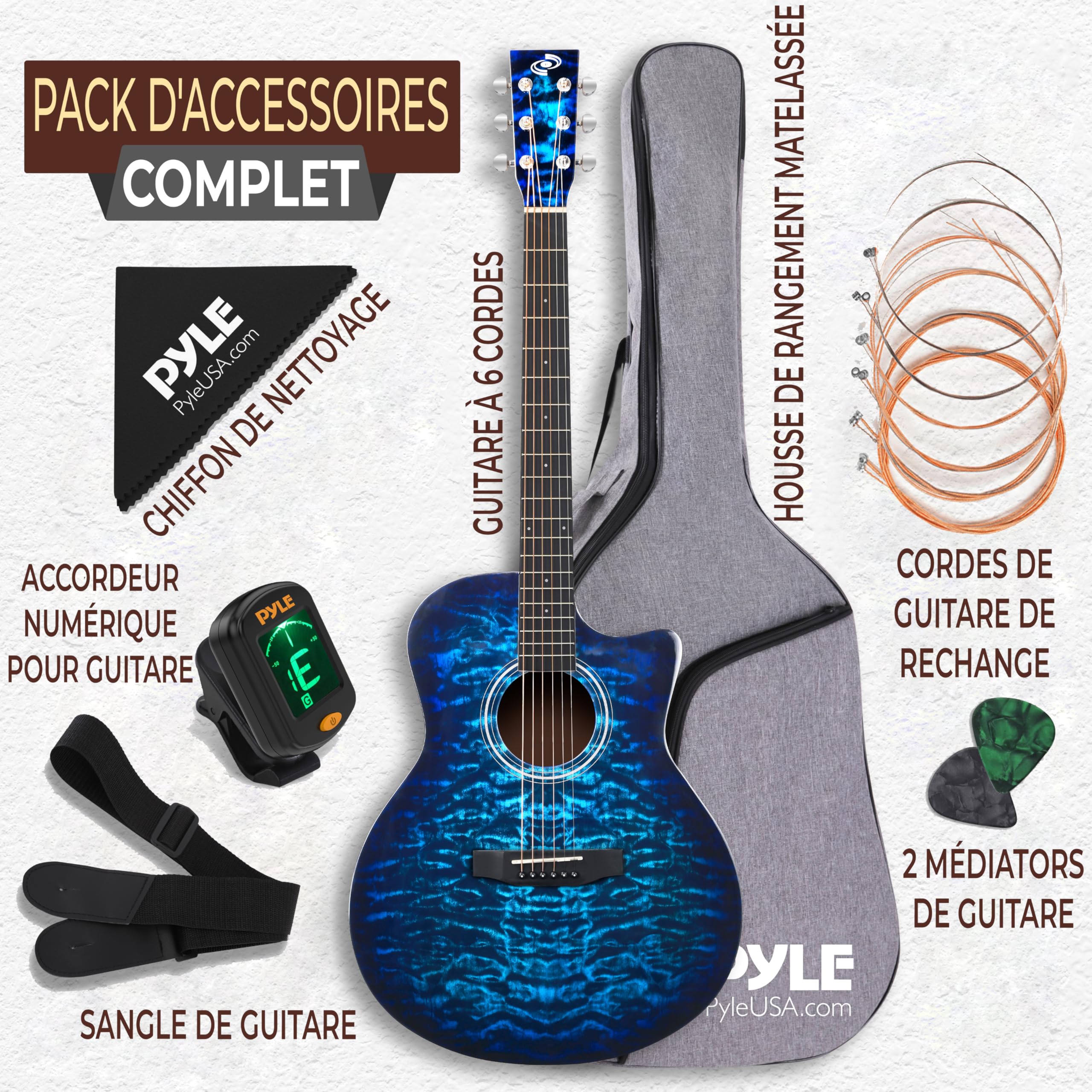Pyle Blue Ocean Ripple est une guitare acoustique à cordes en acier, dotée d'une table en épicéa massif et d'une finition brillante.Elle est de taille complète et comprend un kit d'accessoires complet