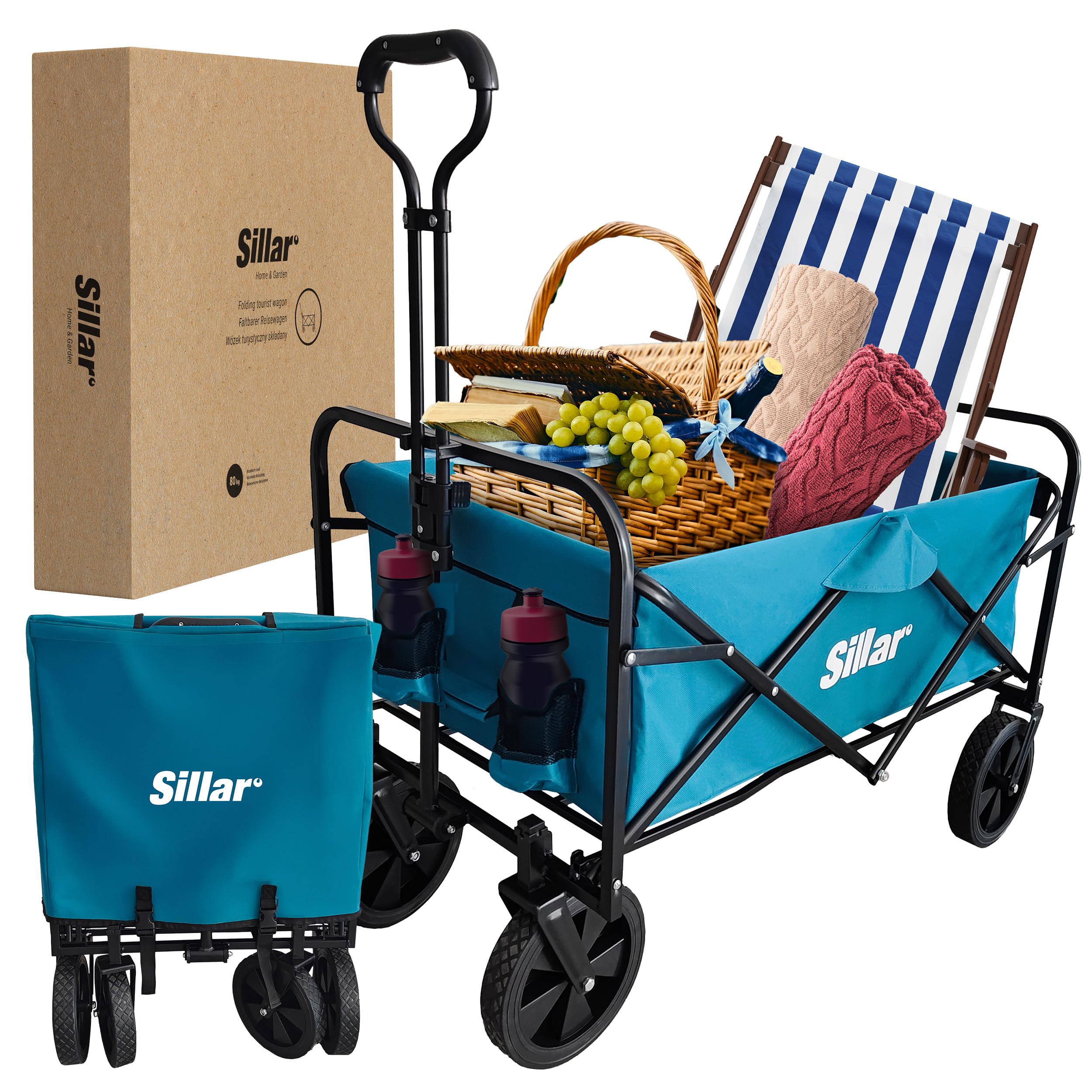 Sillar Carrello pieghevole da giardino, compatto con maniglia, 4 ruote in PVC rinforzato, capacità di carico fino 80 kg, per esterni, giardino, 100 l, 2 tasche aggiuntive per bevande sul davanti, blu