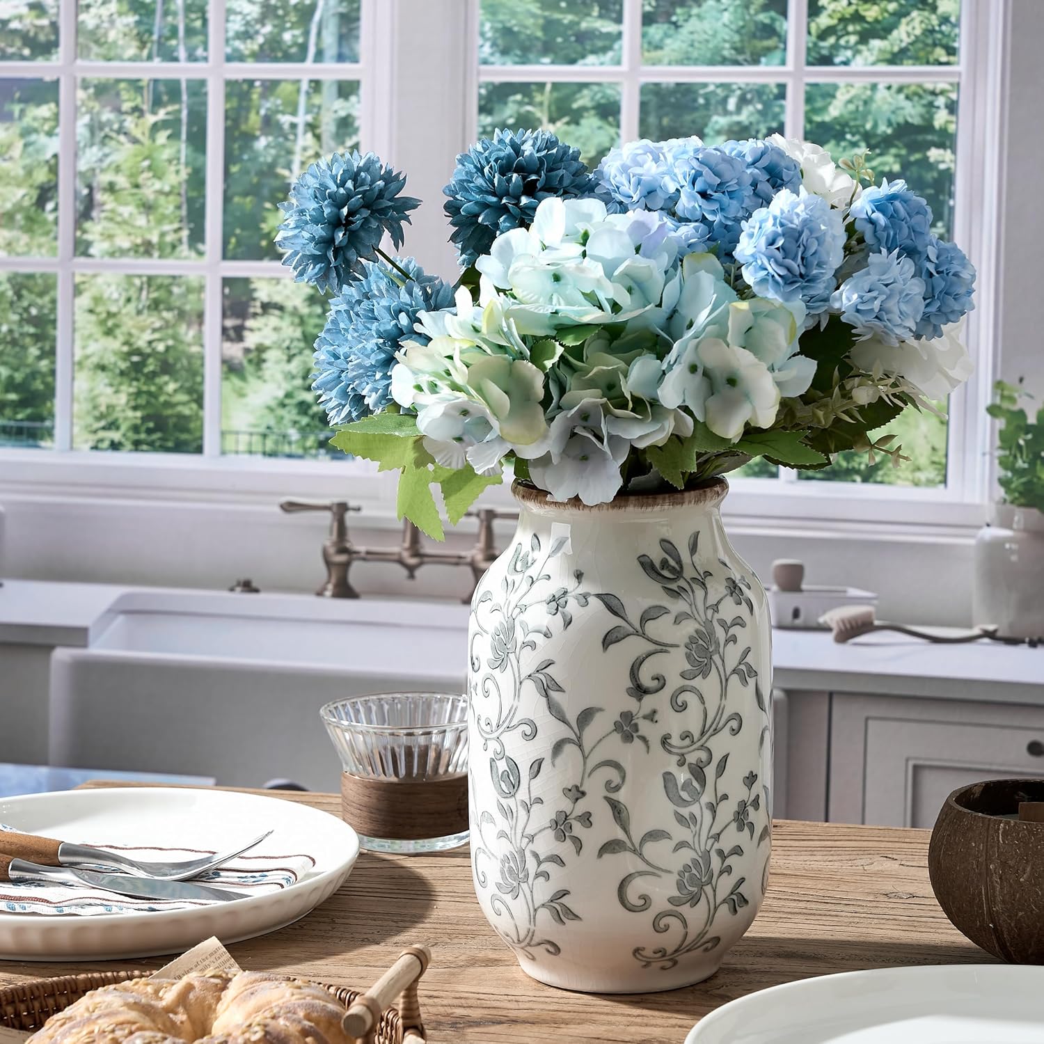 SIDUCAL Ceramic Vintage Vase, 8.78 Inch Chinoiserie Floral Vase, Retro Ice Cracked Rustic Farmhouse Vases for Home Decor, Living Room, Bookshelf, Office, Tuscan Decor, Gray Floral Pattern - Image 7