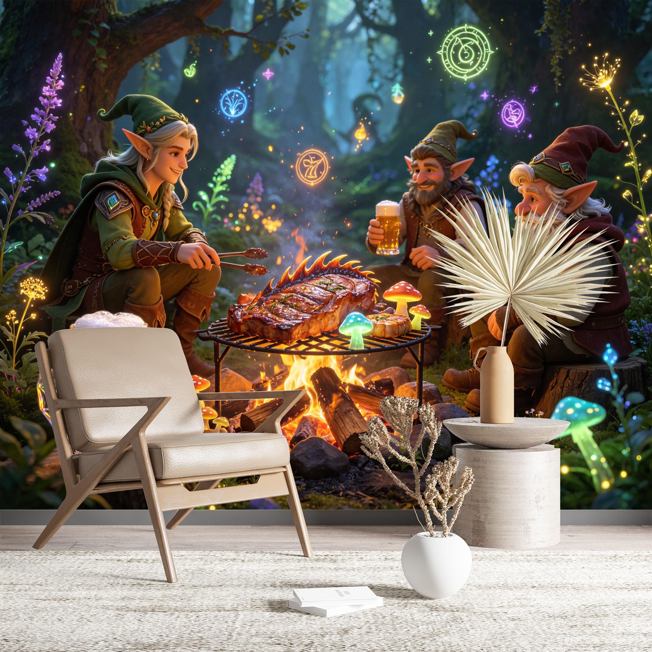 Custom Size Wall Murals Elf Forest BBQ Wall Murals Fantasy Wallpaper Wall Stickers Self-Adhesive Removable Wallpaper for Living Room Home Decor