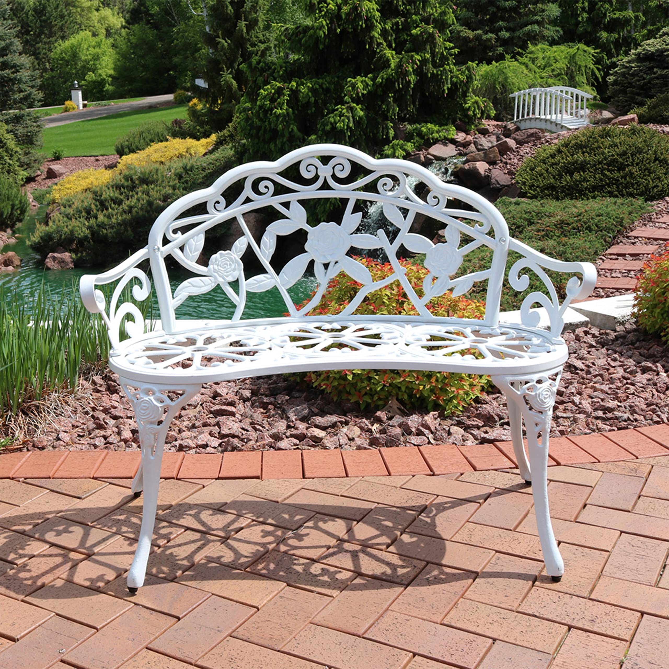 Sunnydaze 2-Person Classic Rose Cast Aluminum White Outdoor Garden Bench
