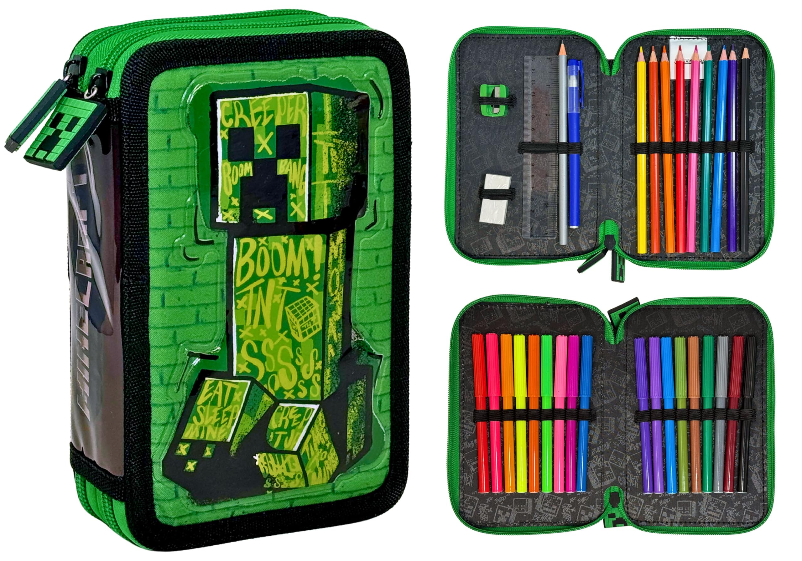 Set Scuola 2 Pezzi Per Minecraft Fan Zaino Scuola Elementare Bambino 42cm Ergonomico + Astuccio 2 Scomparti Completo (32 Accessori)