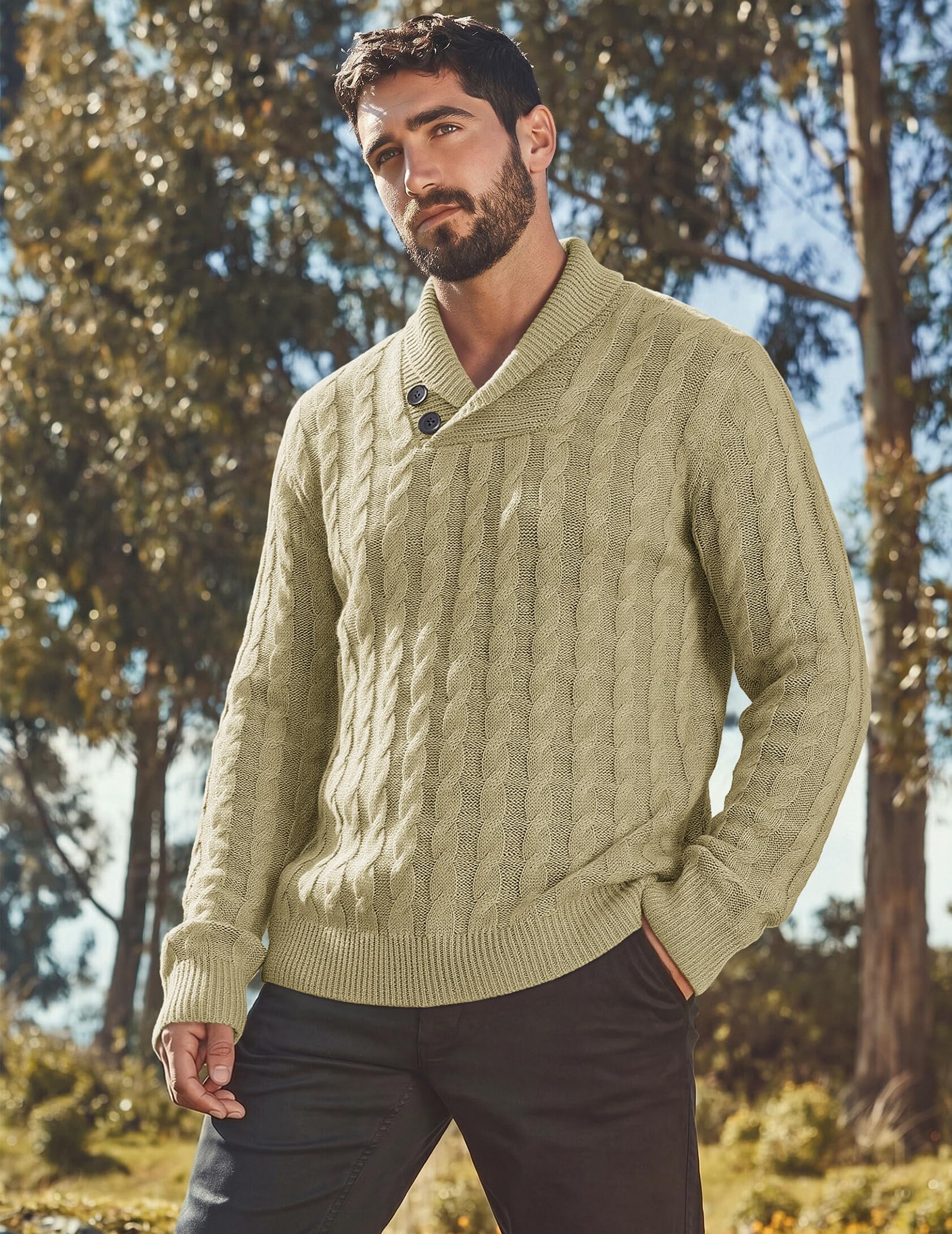 COOFANDY Maglione da uomo con collo a scialle Slim Fit Casual Button Cable Knit Maglioni