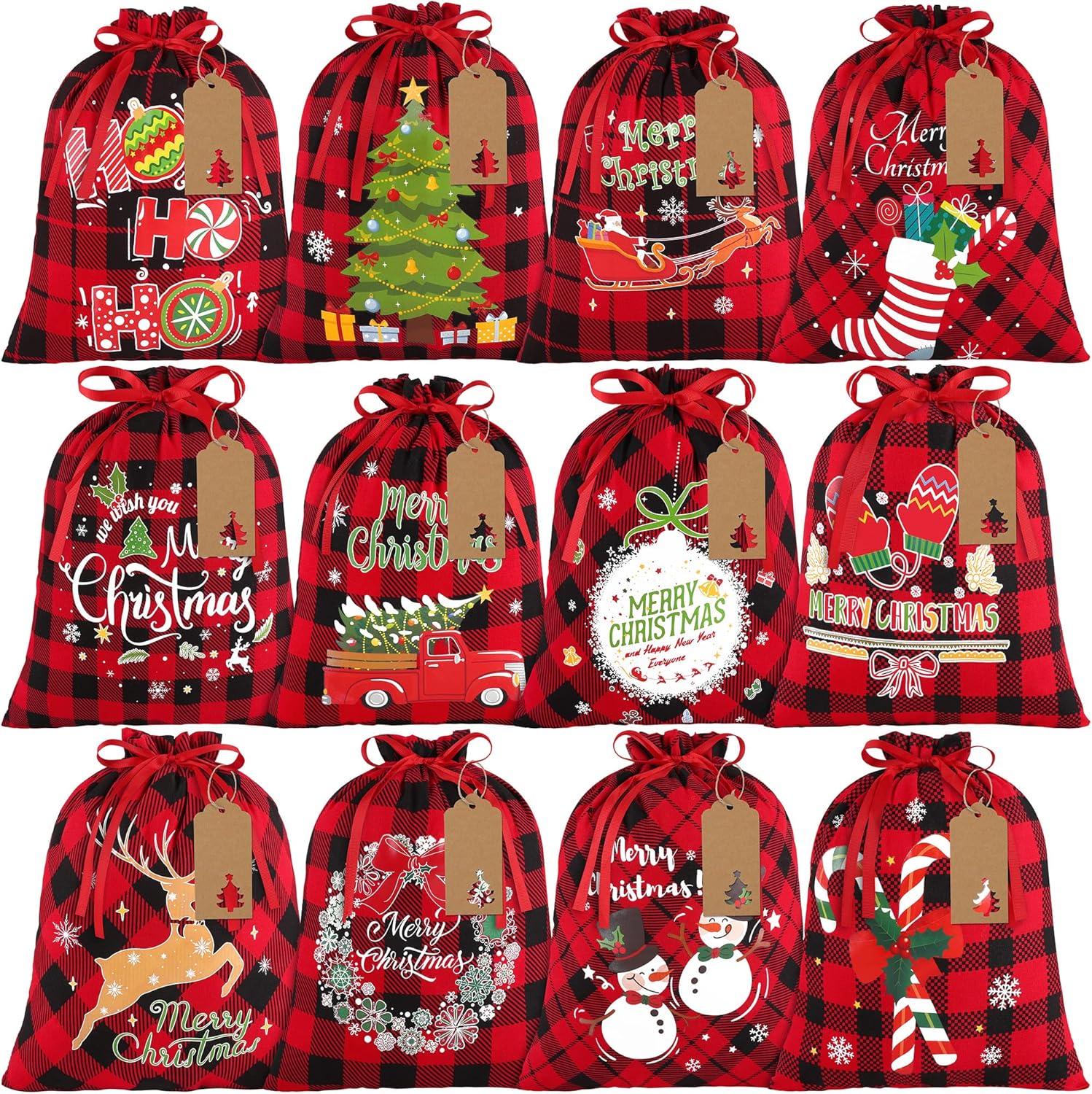 Aneco 12 Pieces Christmas Drawstring Gift Bag Buffalo Plaid Fabric Bag