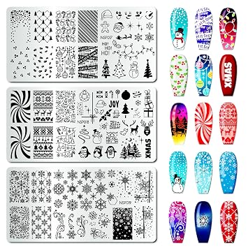 Christmas Nail Art Stamping Plates Set of 3 - Snowflakes Snowman Reindeer Baubles Holly Leaves Penguins Stainless Steel Manicure Art Tools for DIY Print Manicure Salon Design Gift Supplies
