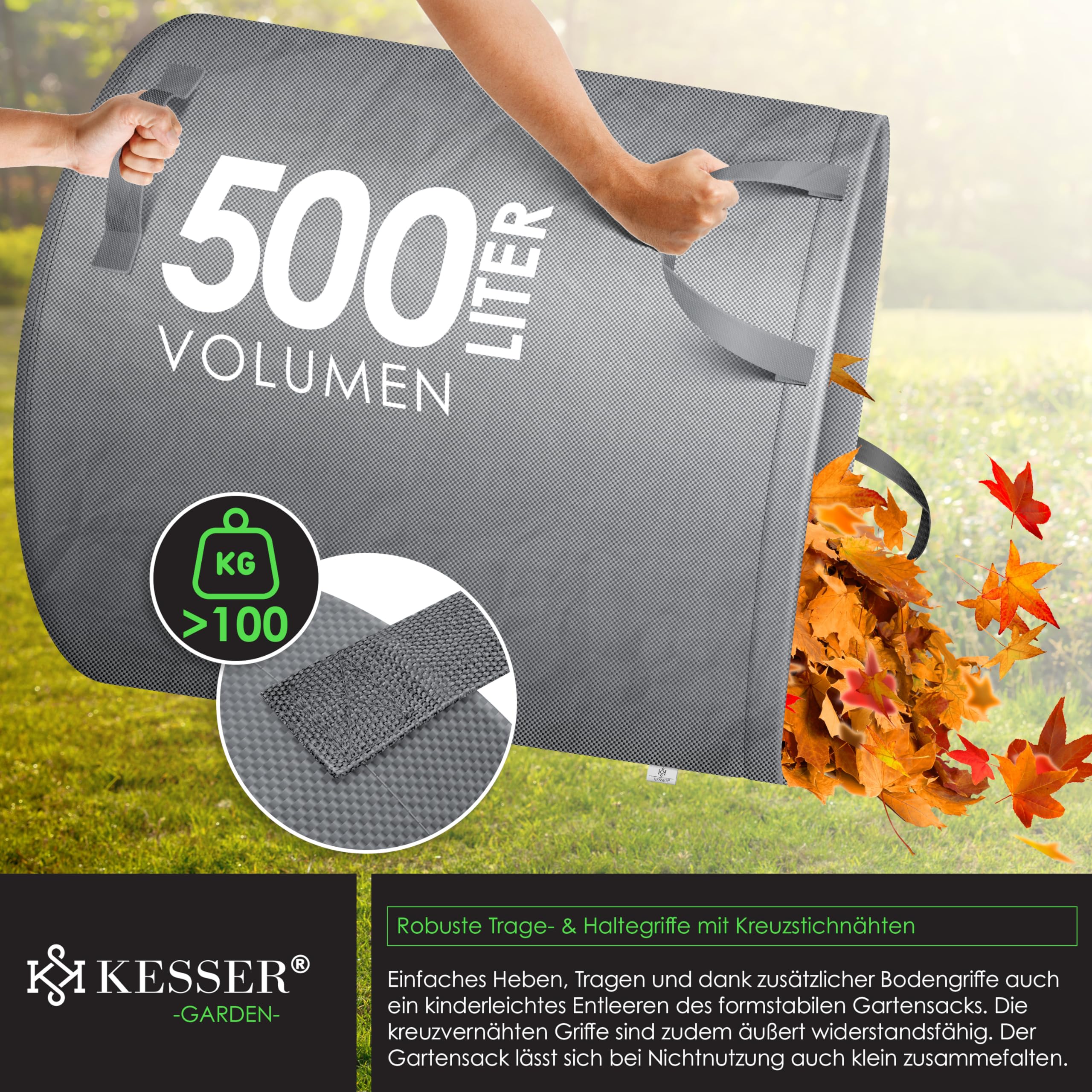 KESSER® Sacs jardin 4x500L Set Sacs à feuilles Sacs à déchets jardin +gants Autonome 4 poignées Stable Robuste Pliable Sacs à feuilles Tontes gazon Sacs jardin pour déchets jardin Déchets verts Gris