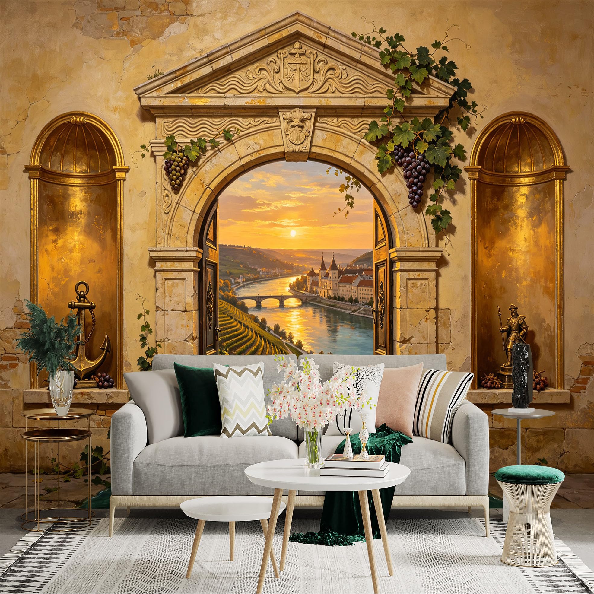 Custom Size Wall Sticker Mural， Vintage Stone Archway Vineyard River Sunset Landscape， for wall Decoration， peelandstick wall Decals.
