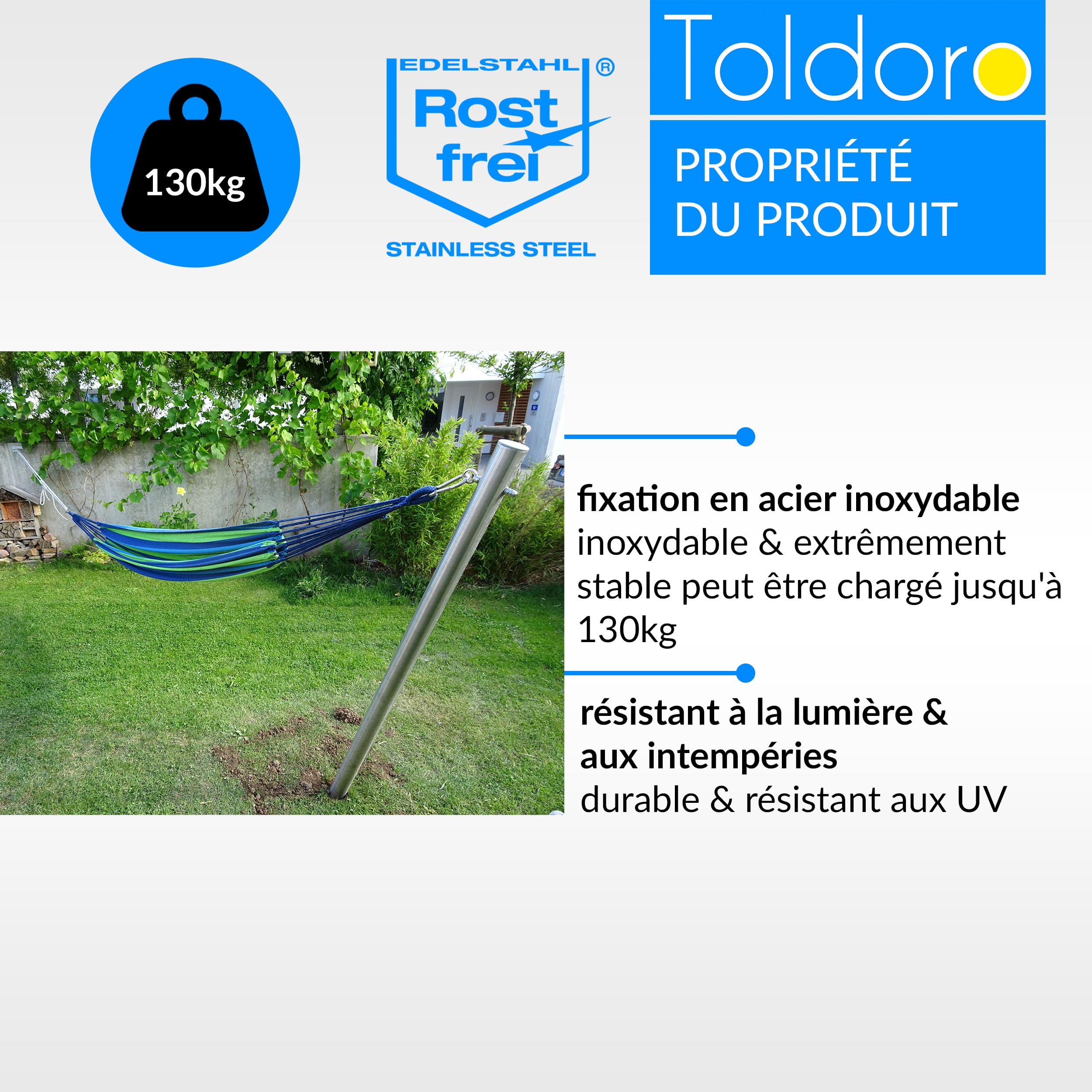 Poteau Hamac Inoxydable Mât Hamac Acier Inoxydable Toldoro - 70x3mm - Longueur 1,85m - Œillet Intégré - Support 110kg Fixation Hamac Exterieur Poteau Hamac Inoxydable Mât Hamac Acier Inoxydable Toldoro - 70x3mm - Longueur 1,85m - Œillet Intégré - Support 110kg Fixation Hamac Exterieur