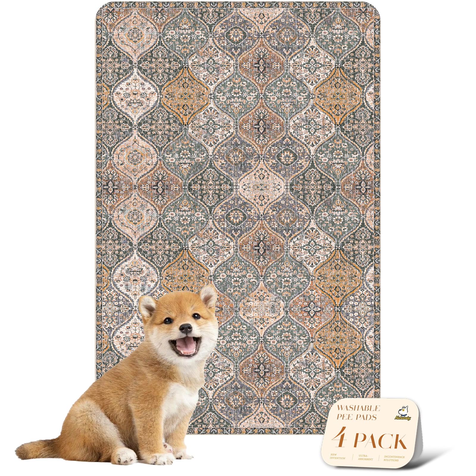 nunubaby 4PACK Washable Pee Pads for Dogs, Stylish, Non-Slip and Leak-Proof Pee Pads. Reusable Potty Pads for Dogs for Crates and Floors.(Brown/Multi,24" x36" )