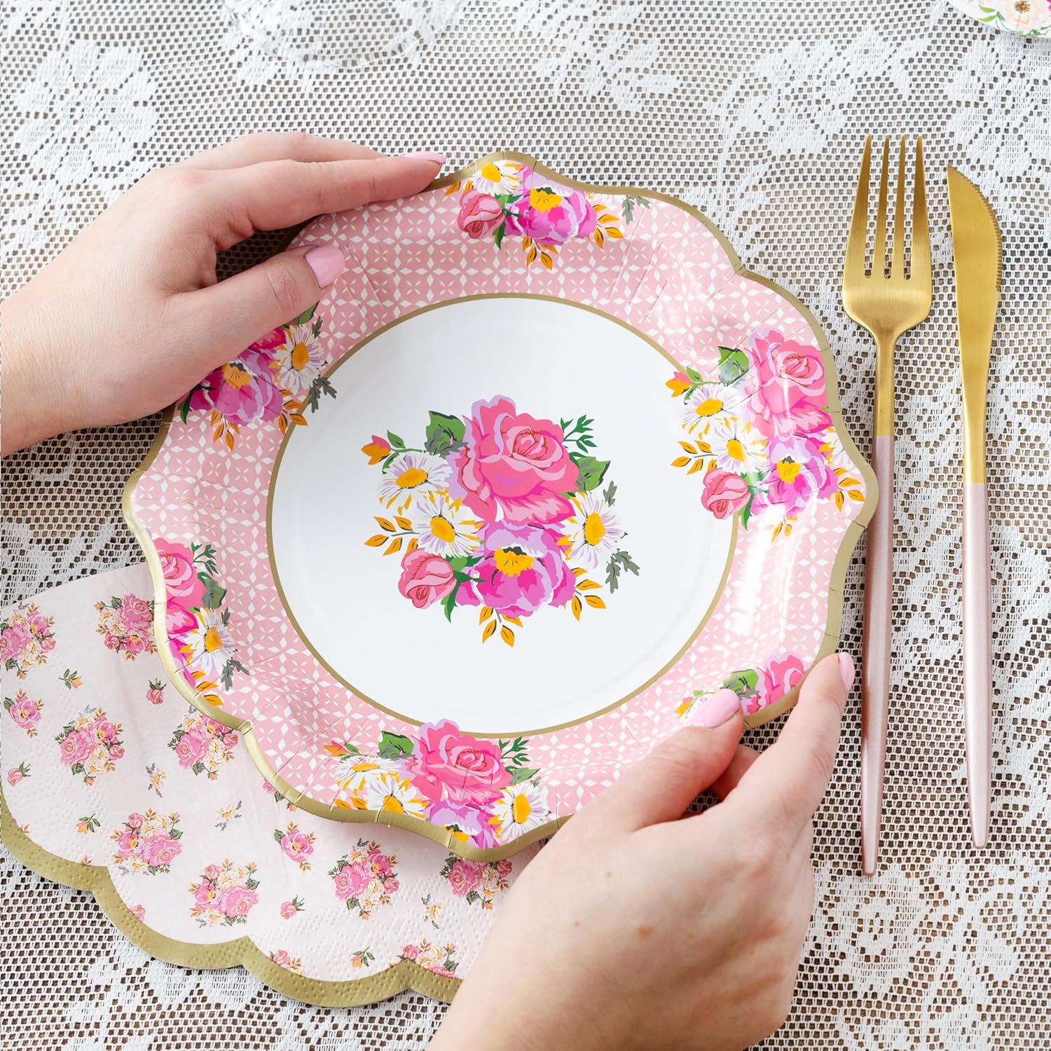 Talking Tables 144 x Pretty Floral Disposable Paper Plates Bulk Pack Afternoon Tea Mother’s Day Table Party Decorations for Birthday Baby Shower, Wedding and Anniversary, Size 9"