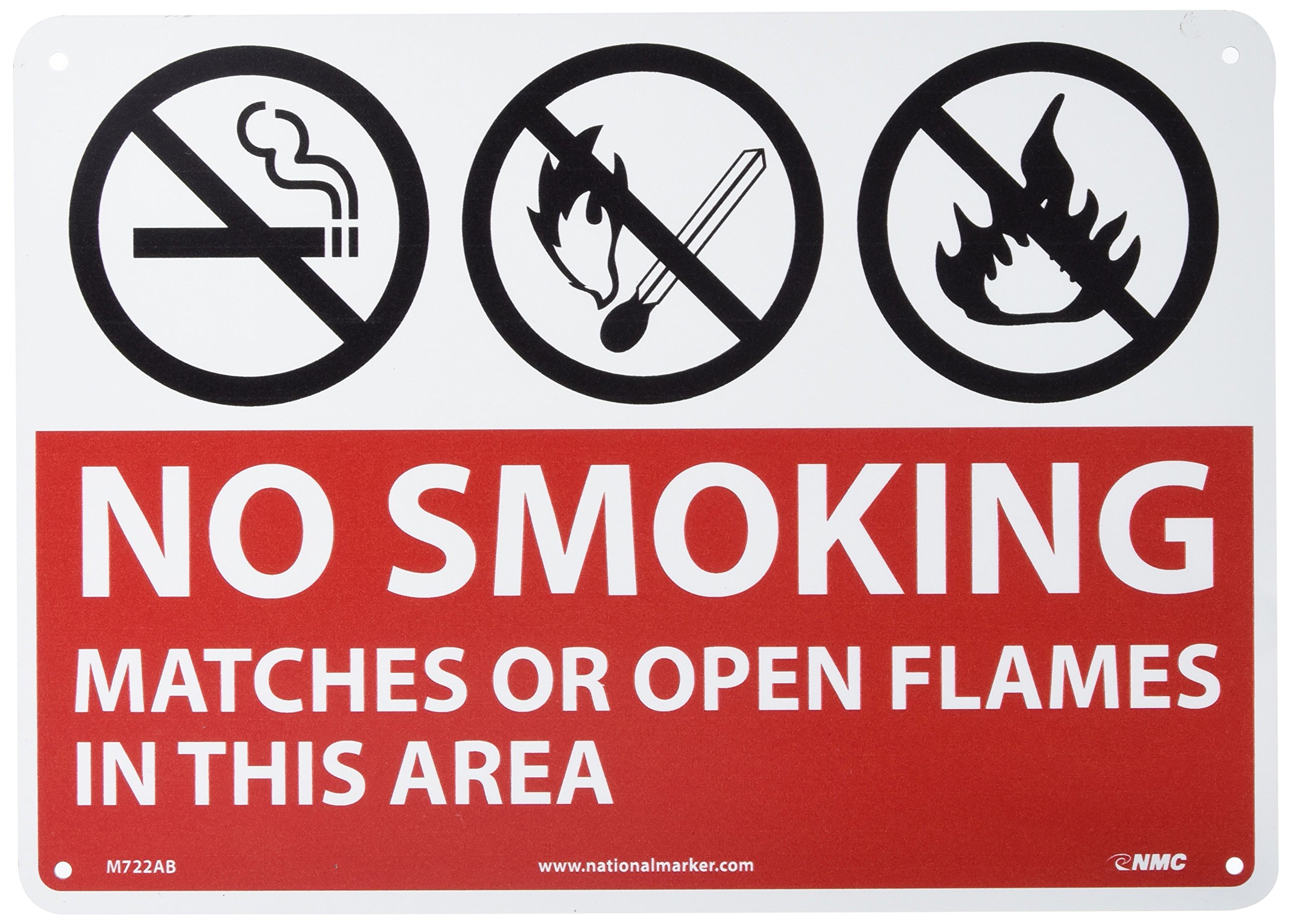NMC M722AB NO SMOKING - MATCHES OR OPEN FLAMES IN THIS AREA Sign – 10 in. x 7 in. Standard Aluminum Safety Sign with Graphic, White Text on Red Base