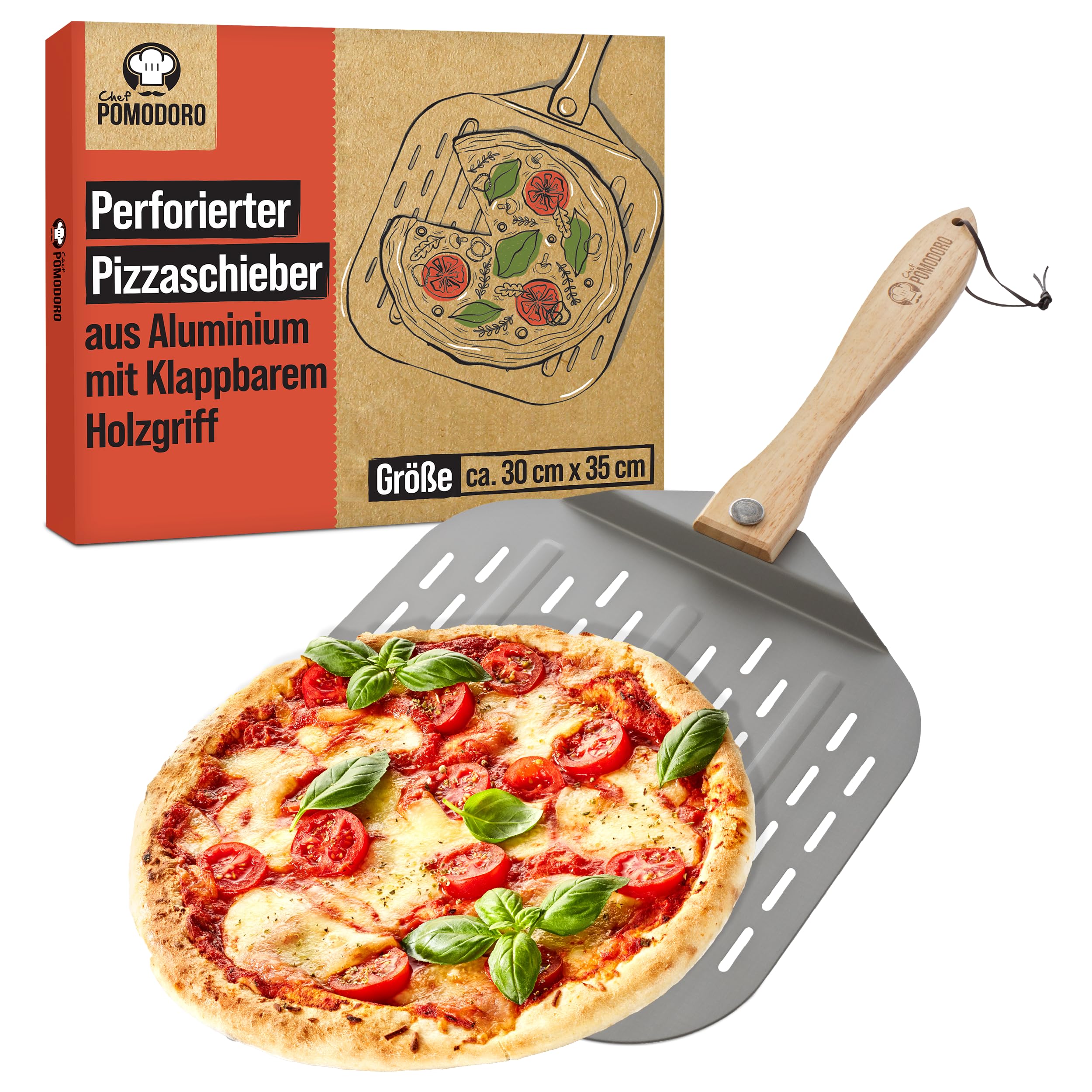 Chef Pomodoro - Pizzaschieber - 30,5 x 35,6 cm - Faltbarer Griff - Perforierte Aluminium Pizzaschaufel zum einfachen Einschieben des Pizzateigs - Perfekt als Backofenzubehör und für Hobby Pizzabäcker