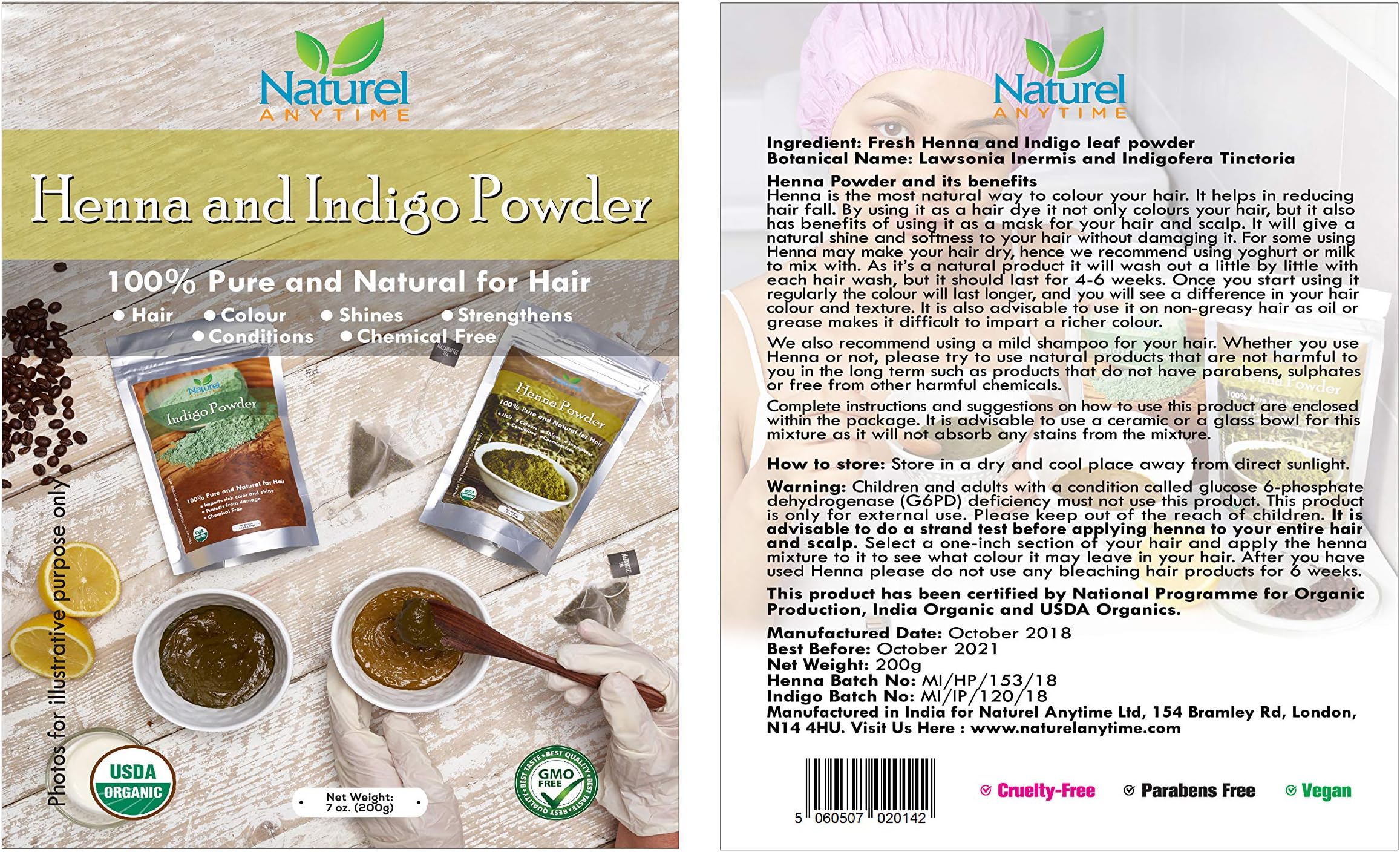 Indigo Powder 100g + Henna Powder 100g - 100% Certified Organic Henna & Indigo Leaf Powder - PPD Chemical Free Natural Hair Dye Colour - Ideal for Black, Light Brown & Dark Brown Hair