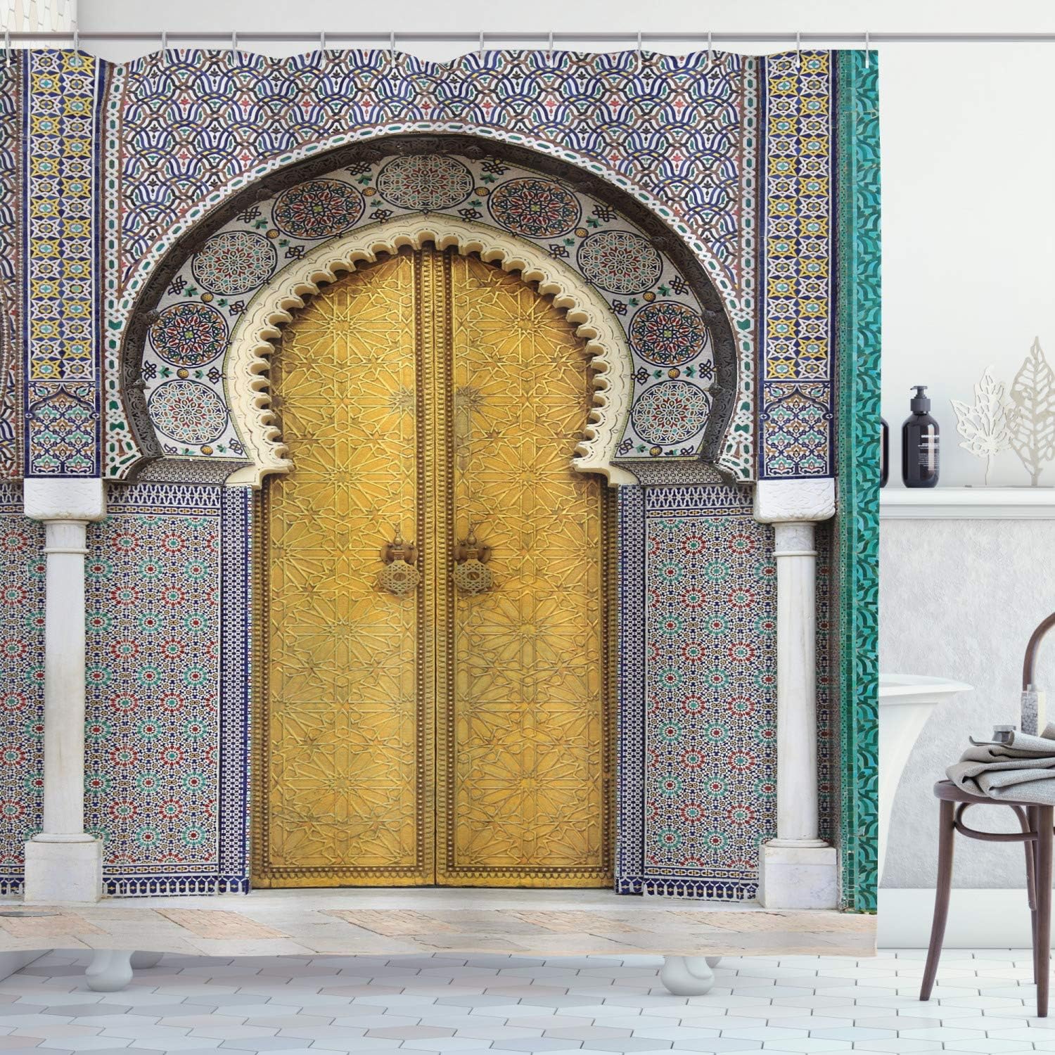 Ambesonne Orient Shower Curtain, Yellow Door of Royal Palace in FES Morocco Vintage Moroccan Artwork Mosaic Style, Cloth Fabric Bathroom Decor Set with Hooks, 69" W x 75" L, Navy Ivory