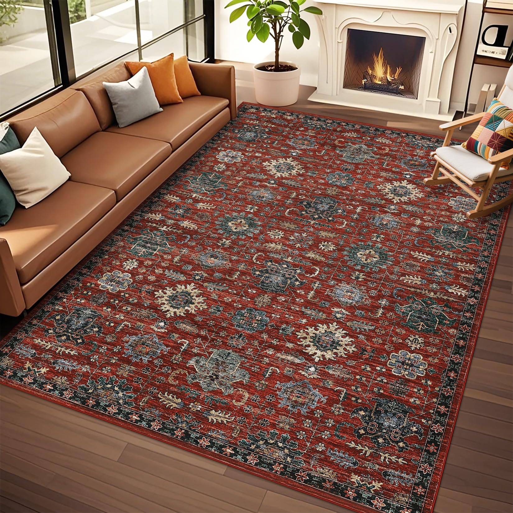 9x12 Rugs for Living Room Washable, Soft Vintage Large Bedroom Rug Boho Low Pile Non-Slip Area Rugs Farmhouse Indoor Floor Carpet for Bedroom Dining