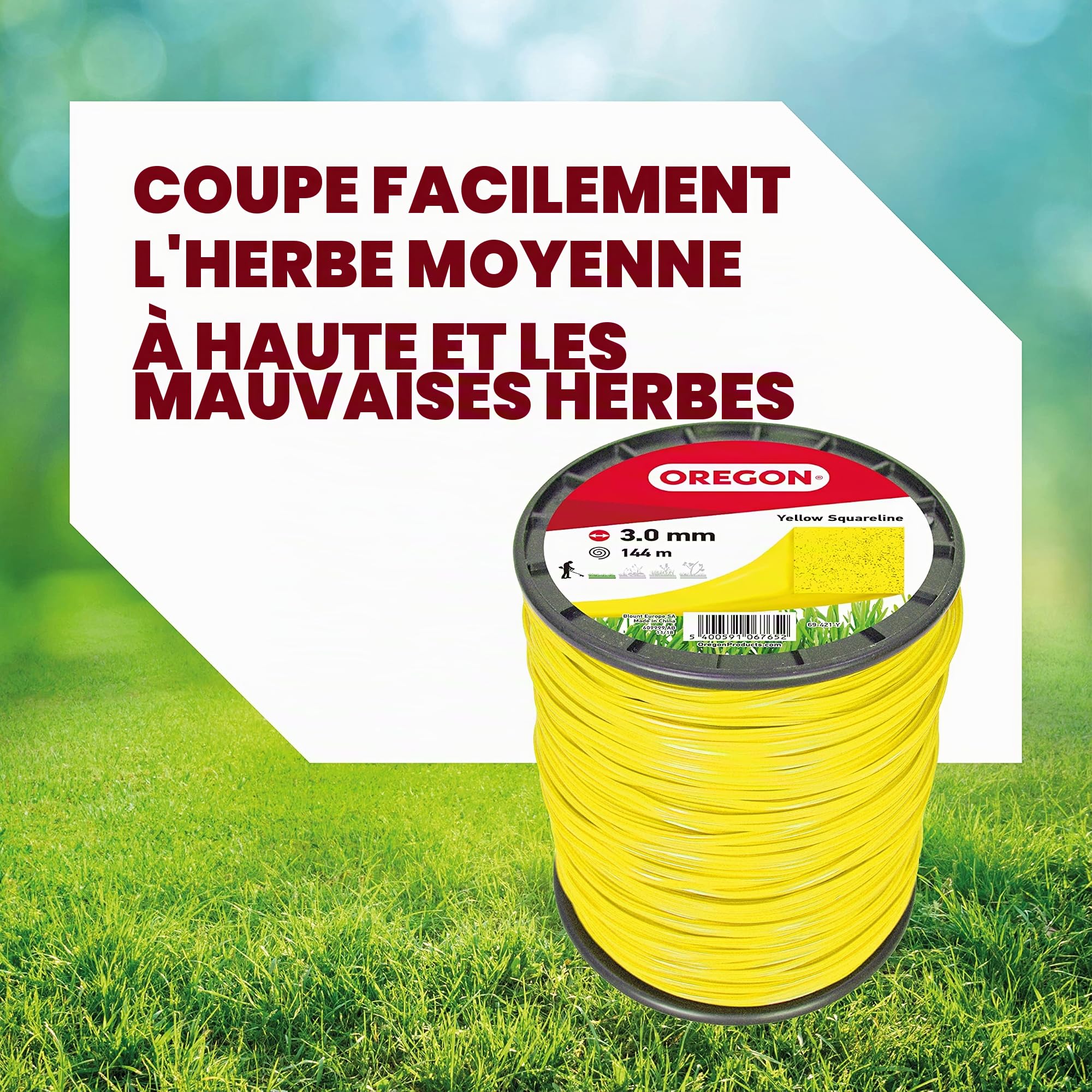 Fil de débroussailleuse Oregon Jaune Carré 3mm, Coupe herbes hautes, mauvaises herbes, végétation dense, Fil nylon haute résistance, compatible avec modèles standards, 3.0mm x 144m (69-421-Y)