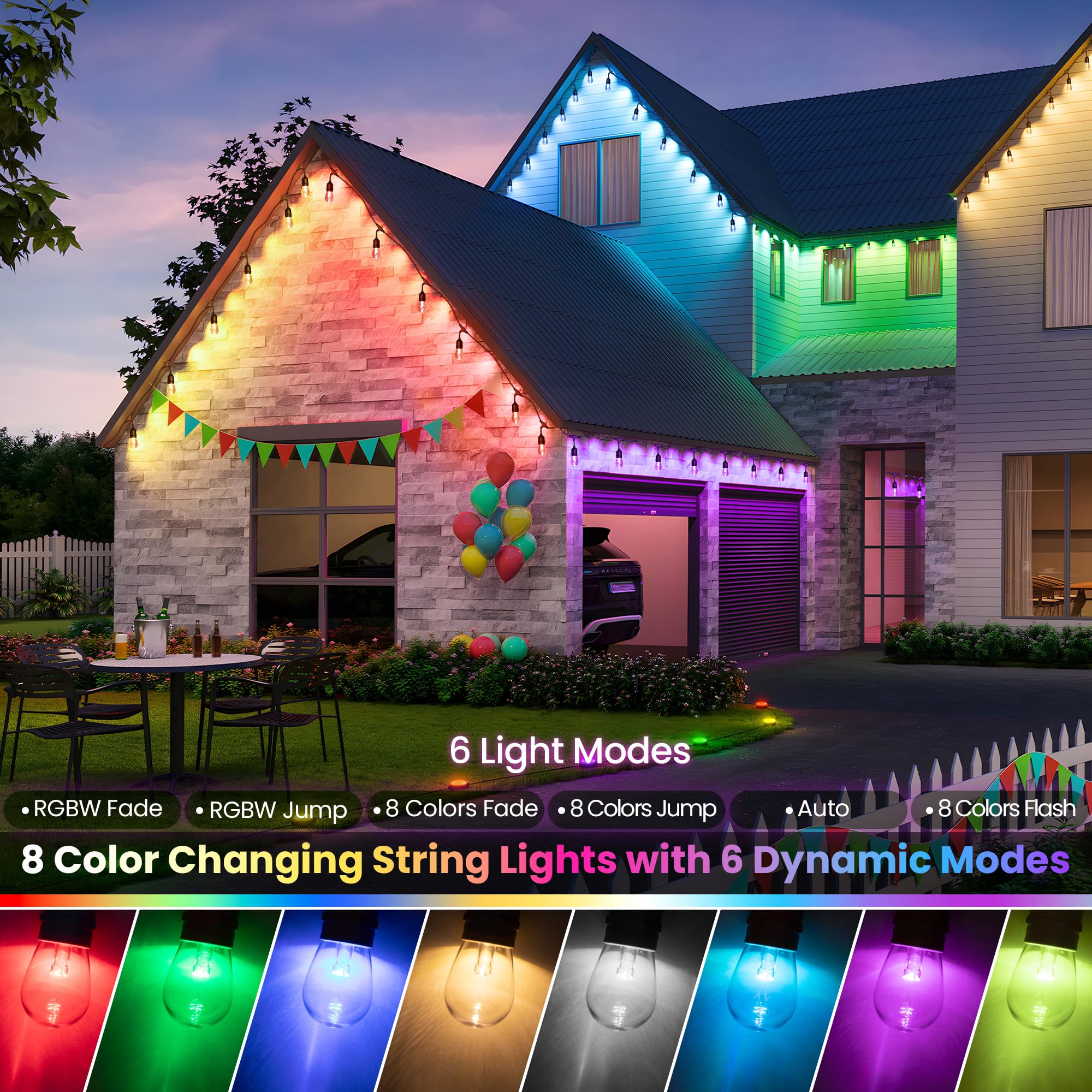 Larkvue Guirnalda de luces solares RGB para exteriores de 50 pies con control remoto, luces de patio impermeables regulables con 15 bombillas LED inastillables Edison para patio trasero, color negro