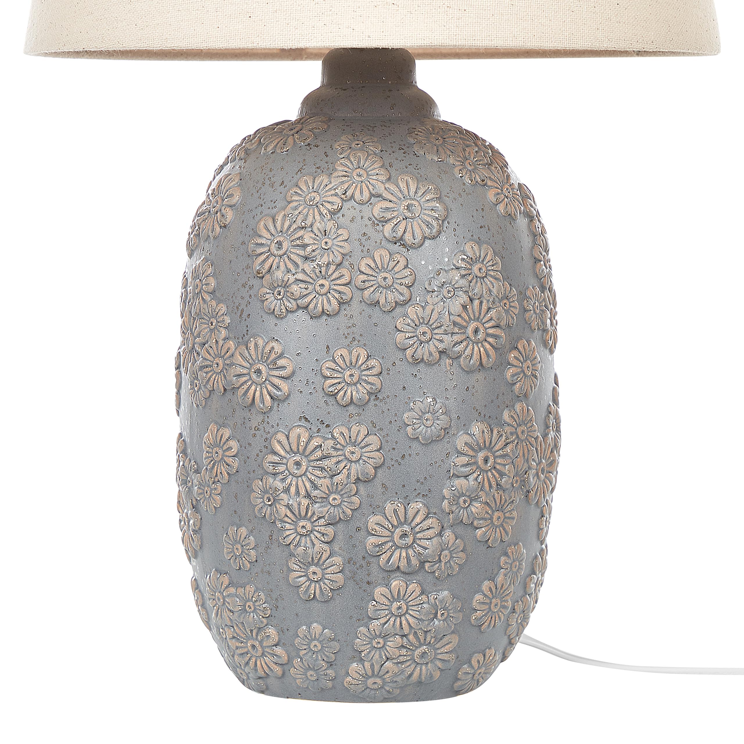 Tischlampe 46 cm Keramik grau Stoffschirm beige Kabel mit Schalter Ferrey
