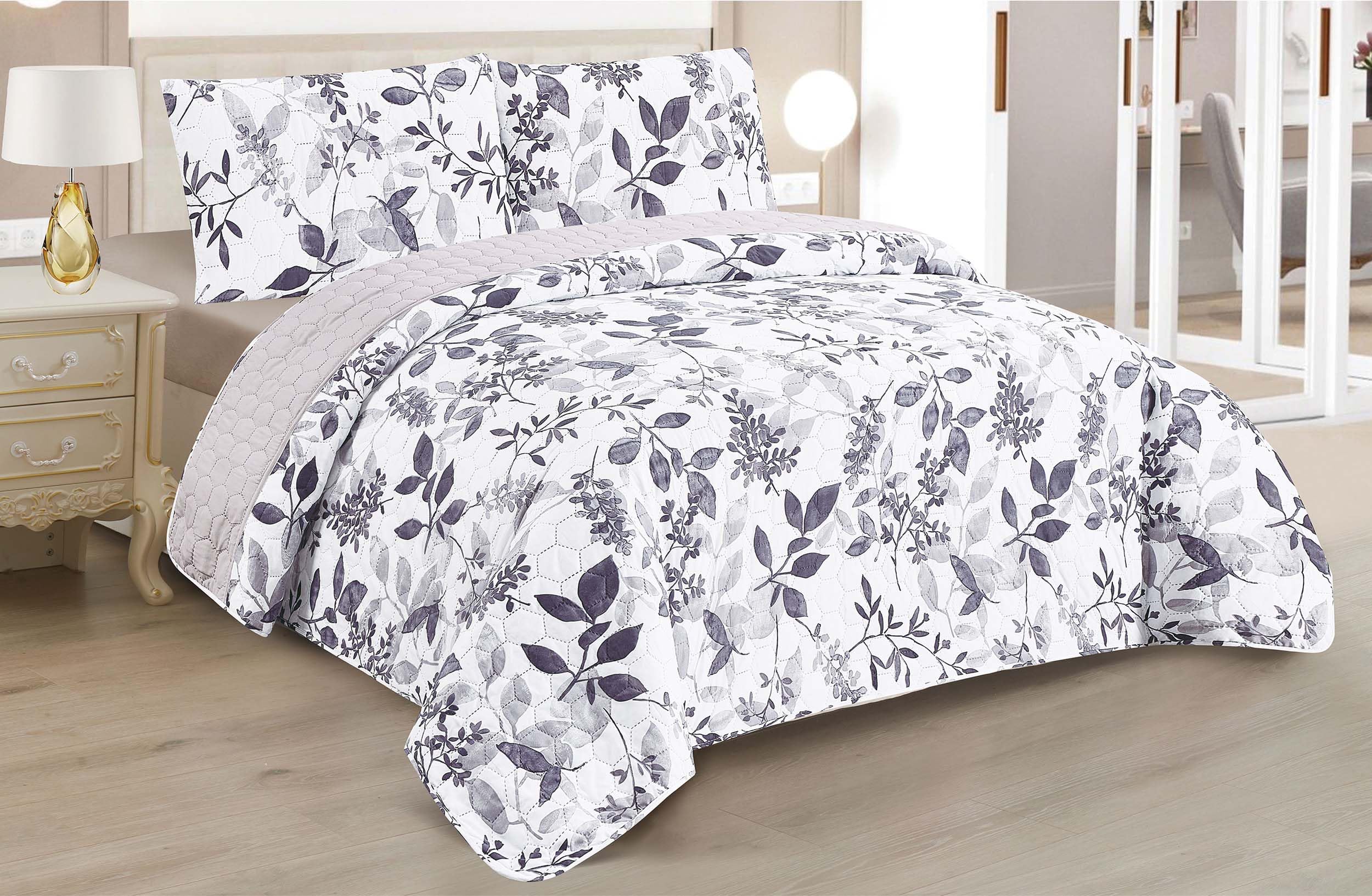 BESCH Colcha Boutis para Primavera y Verano con Diseño Hojas Gris + 2 Funda Cojin 50x70 cm - Cubrecama Ligera Fina Entretiempo Extra Suave y Transpirable (Cama 150, 240x260cm)
