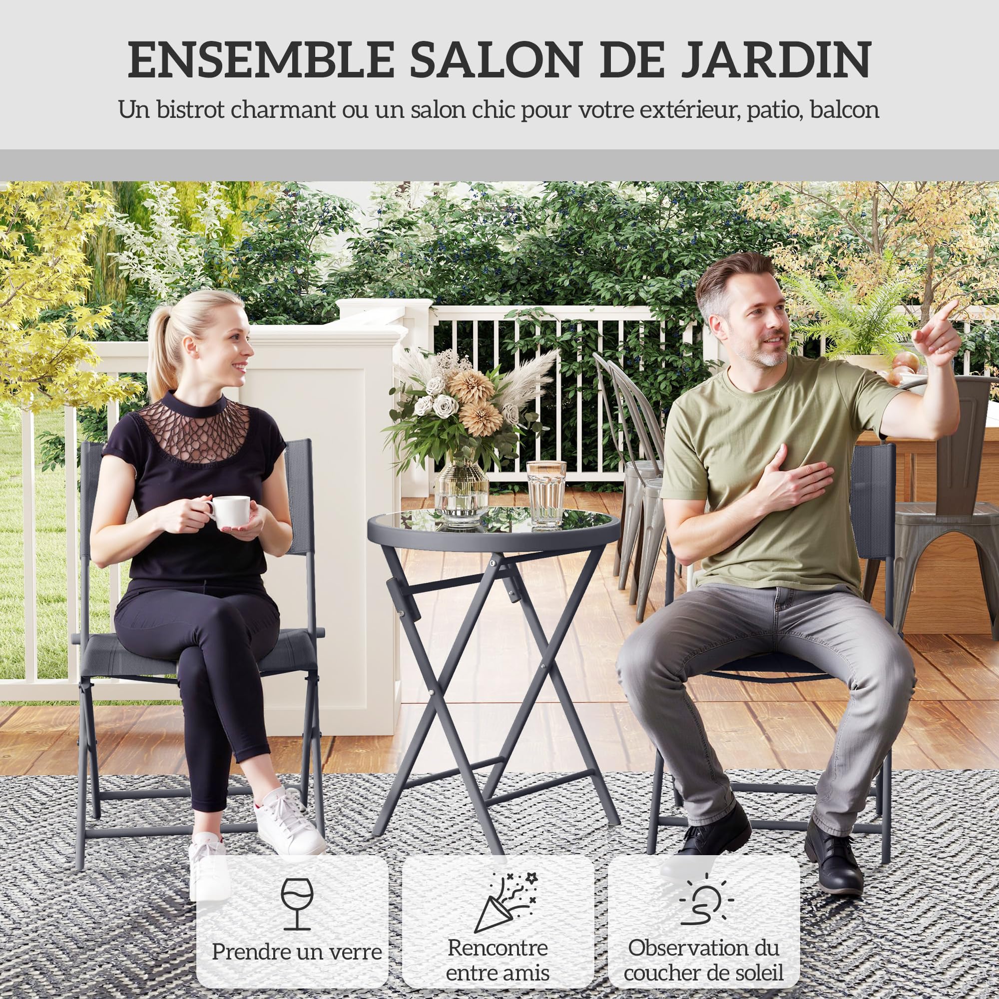 Outsunny Ensemble de bistrot 3 pièces Pliable en métal, 2 chaises et 1 Table Ronde, Salon de Jardin extérieur 2 Personnes, Table de Jardin extérieur avec chaises pour Jardin, terrasse, Balcon, Gris