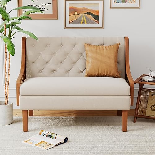 Miniatura 3 de Andeworld Banco de sofá biplaza con brazos de ratán natural, mini sofá tapizado moderno, banco de comedor de banqueta, asiento de amor para sala de