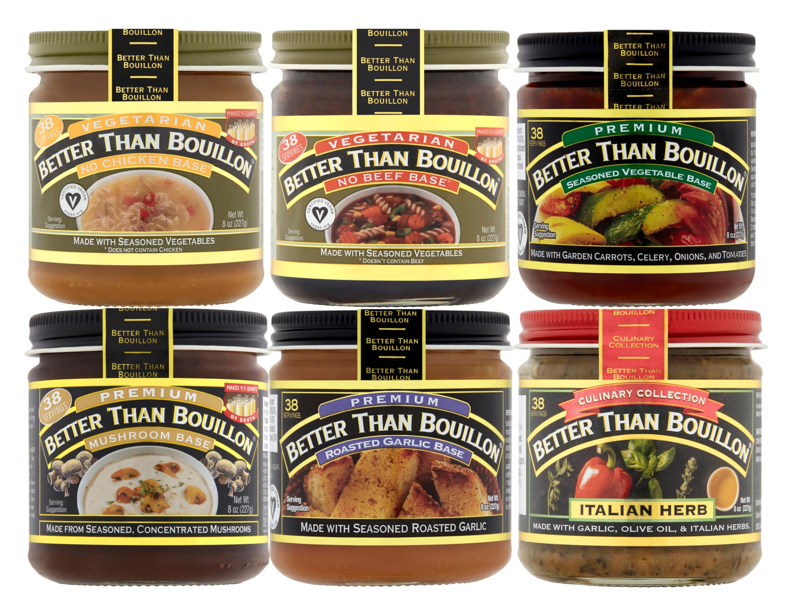 Better Than Bouillon All Vegetarian Base Variety Pack, 1 No Chicken Base, 1 No Beef Base, 1 Seasoned Vegetable Base, 1 Mushroom Base, 1 Roasted Garlic Base, 1 Italian Herb Base, 8 oz Jars (Pack of 6)