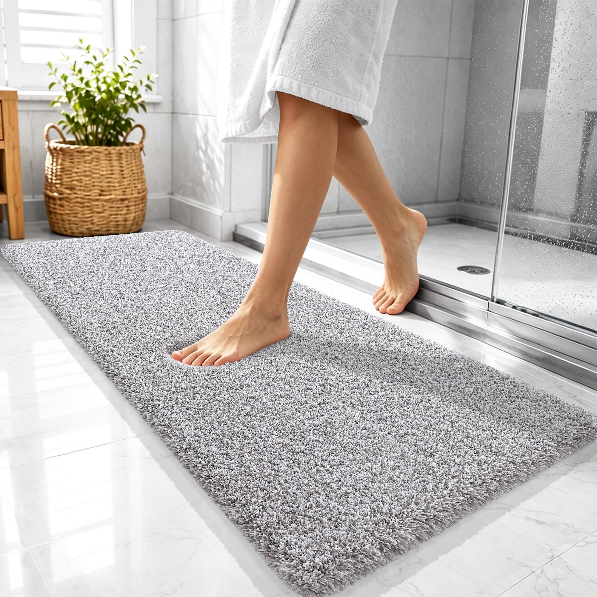OLANLY Microfiber Bathroom Rugs 47x20, Quick Dry Mat, Light Grey and White