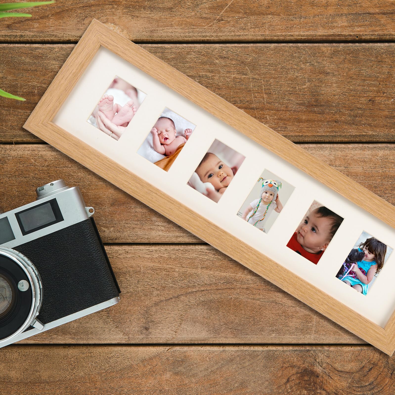 TOYANDONA Marco de Fotos de Madera para Bebés 6 Agujeros, Soporte de Escritorio para Recuerdo de Primer Año, Portafotos Infantil para Recién Nacidos y Decoración de Habitación