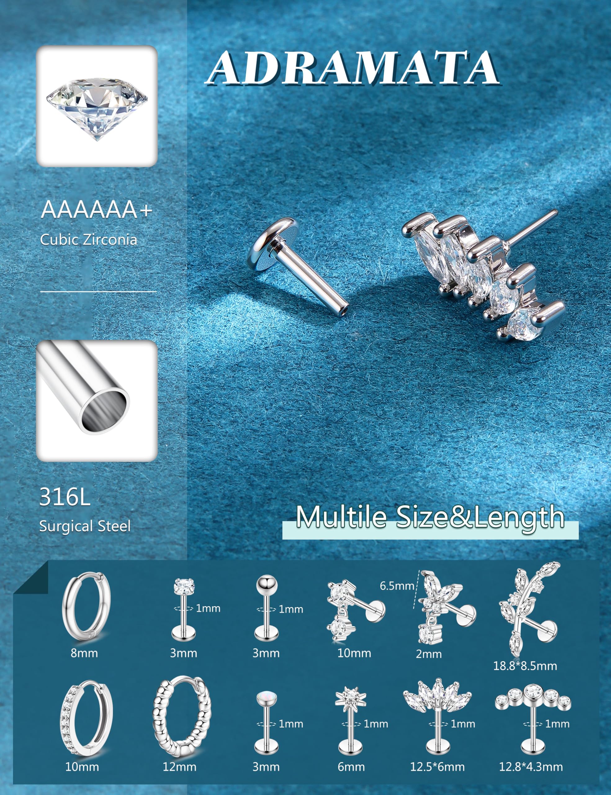 GXNRHG Biżuteria do piercingu Helix Zestaw do przekłuwania tragusa ze stali chirurgicznej Bezgwintowy wciskany płaski tył Labret Kolczyki do nosa Kolczyki na chrząstkę Obręcze Srebrna złota muszla