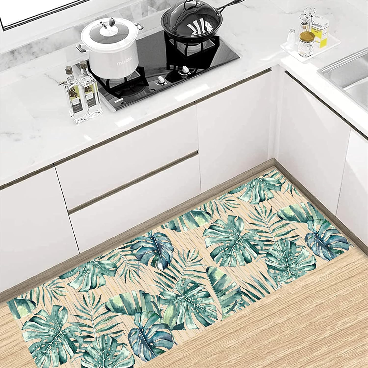 Tropical Palm Leaf Runner Rug 1.3x7 ft - Green Plant Pattern Non-Slip Rug, Stain Resistant Easy Clean for Hallway, Living Room, Bedroom Floor Mat