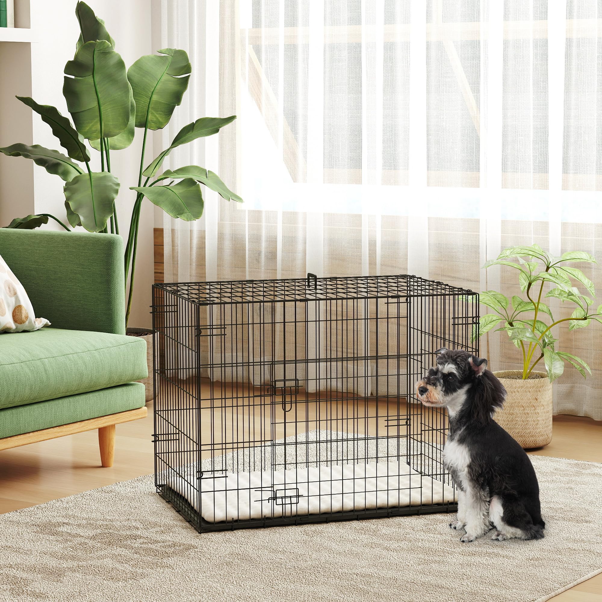 PawHut Jaula para Perros Plegable, Jaula para Perros Pequeños con Cojín, 2 Puertas, Bandeja Extraíble y Marco de Alambre Metálico, 75x48,5x53 cm, Negro y Beige