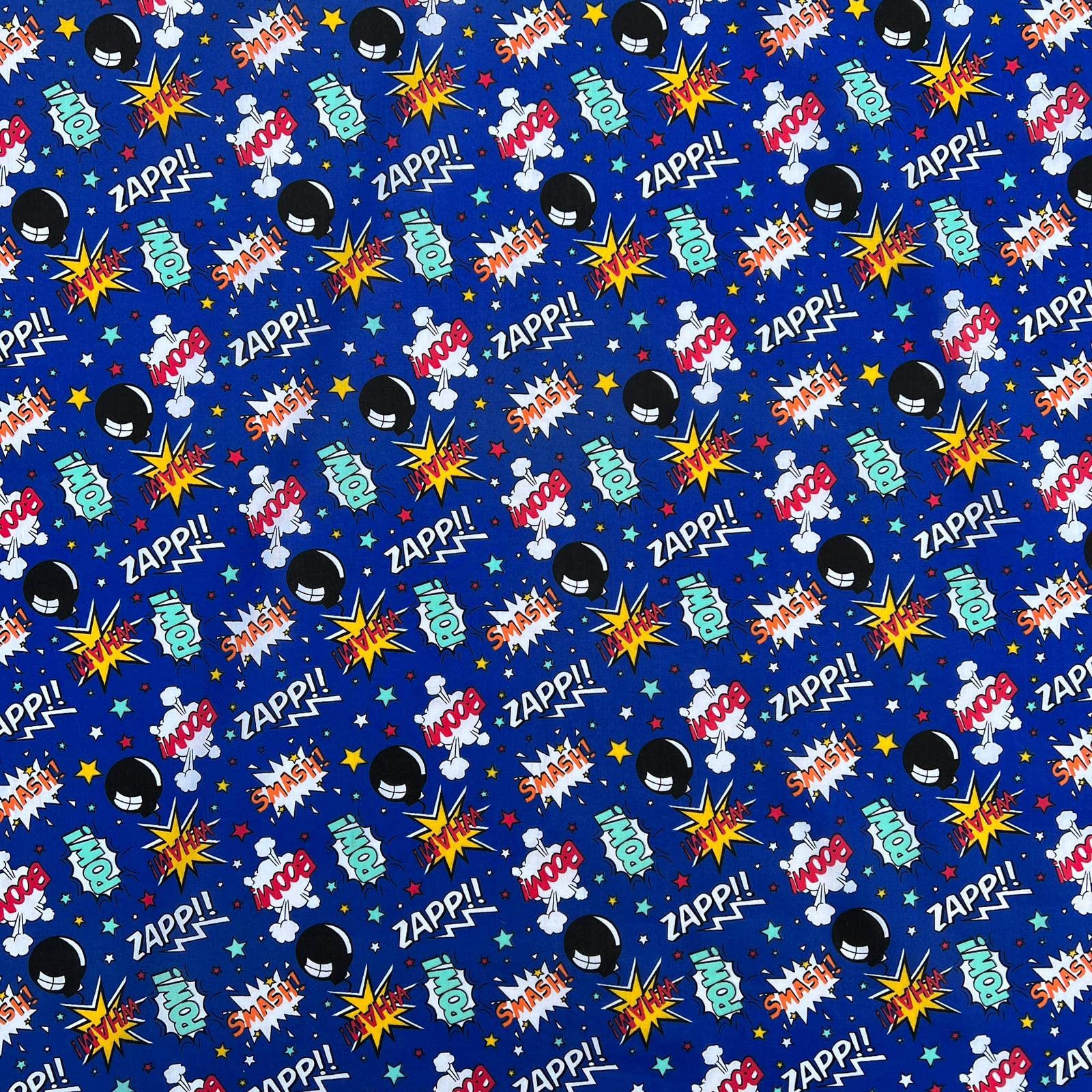 Discover Lifestyle & Fashion Fabrics Royal Blue Printed Polycoton Poly Cotton Boom Pow Wow Comic Design Novelty Children's Kids Dress Craft Bunting Fancy Dress Sewing Fabric Material | 45" - 112 Cm Wide (Per Half Metre, )