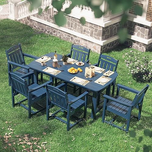 Miniatura 7 de Juego de comedor de exterior de HDPE con mesa y 6 sillas, juego de mesa y sillas de 7 piezas para todo clima, agujero para parasol de 2 pulgadas