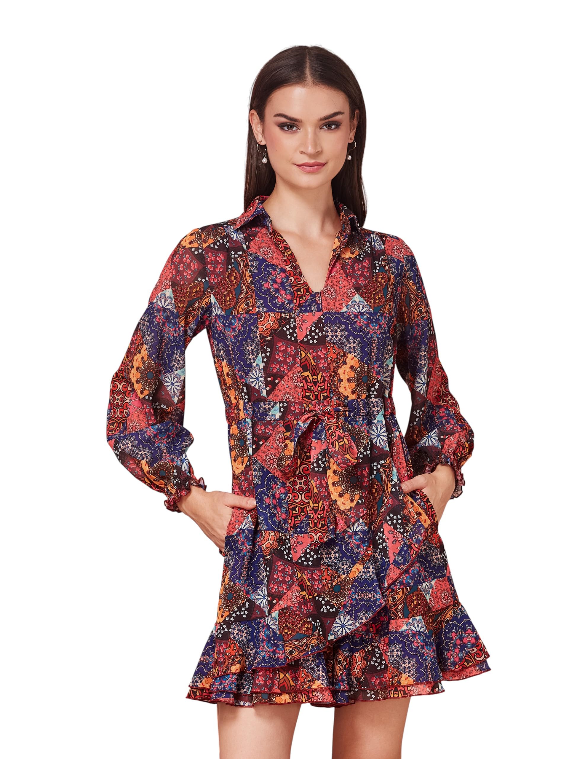 Womens Multicoloured Shirt Collar Bishop Sleeve Printed Bohemian Short Georgette Playsuit-image-24