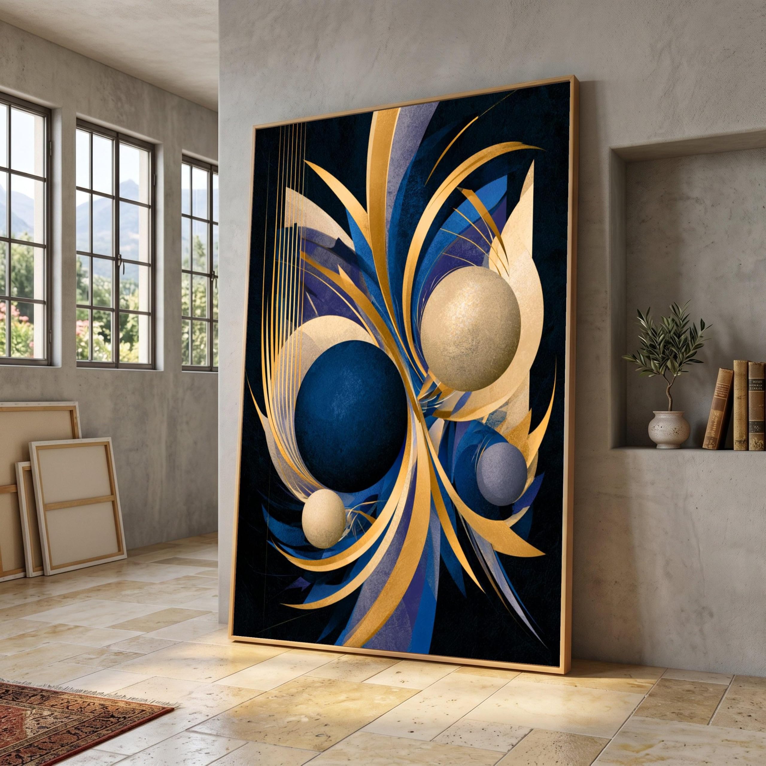 Tongyinli Internal Frame Abstract Gold Blue Painting Canvas Art, Modern Geometric Prints Wall Decor, Ready To Hang Artwork(70X110cm/Internal Frame)