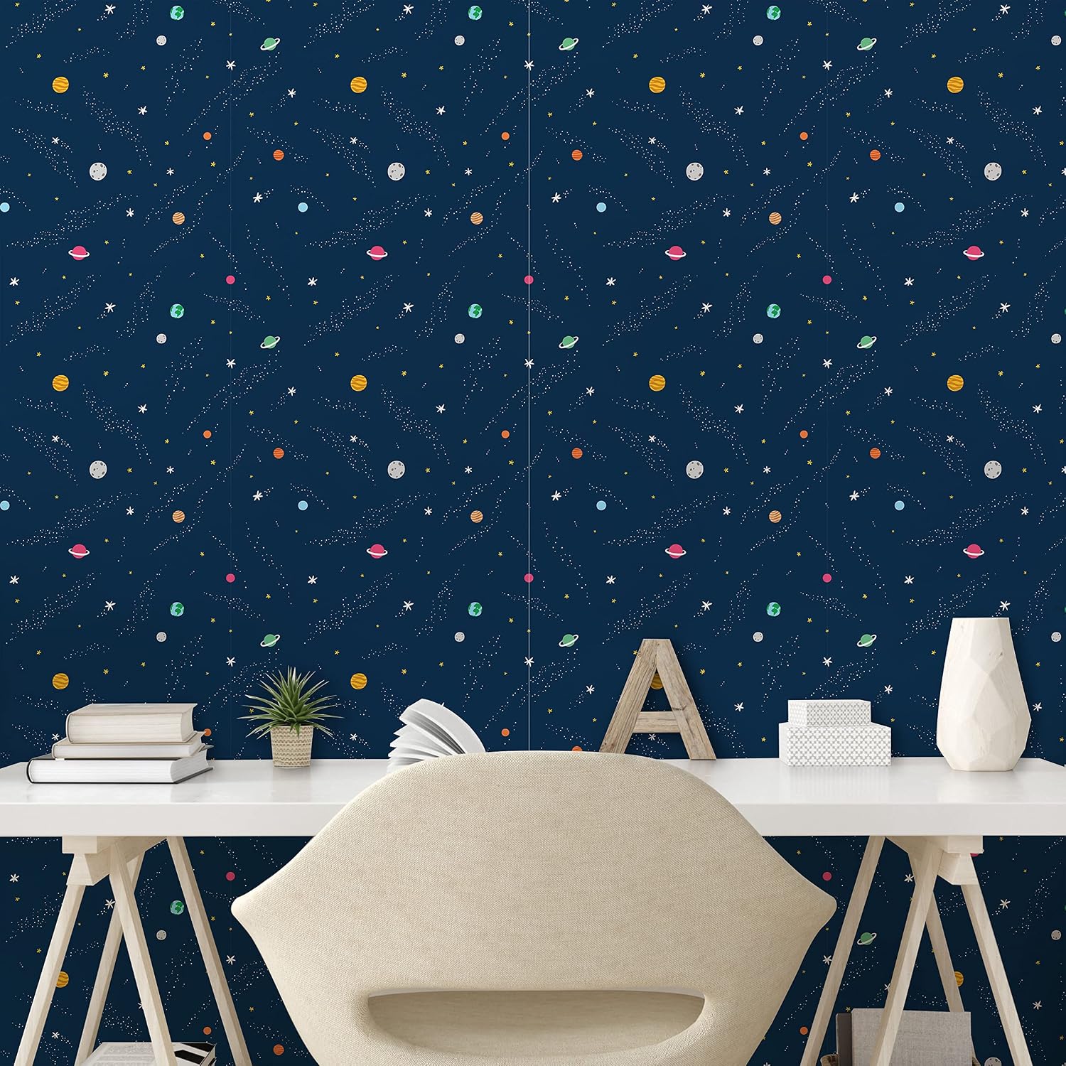 Lunarable Outer Space Peel & Stick Wallpaper for Home, Solar System Cartoon Planets Hand Drawn Science Fiction Final Frontier, Self-Adhesive Living Room Kitchen Accent, 13" x 36", Dark Night Blue