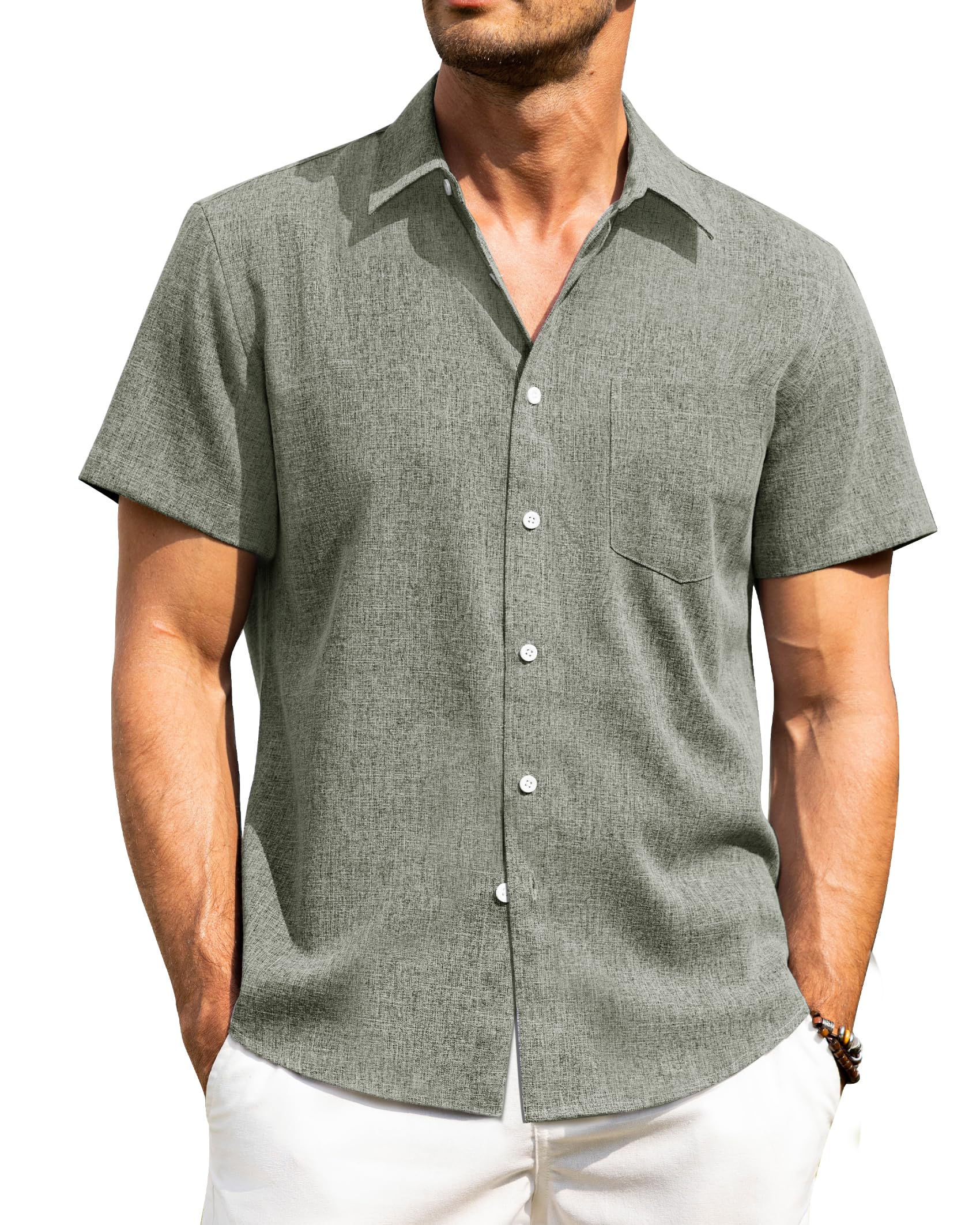 Alimens & Gentle Mens Linen Shirts Short Sleeve Button Down Shirts Wrinkle Free Casual Vacation Beach Summer Tops