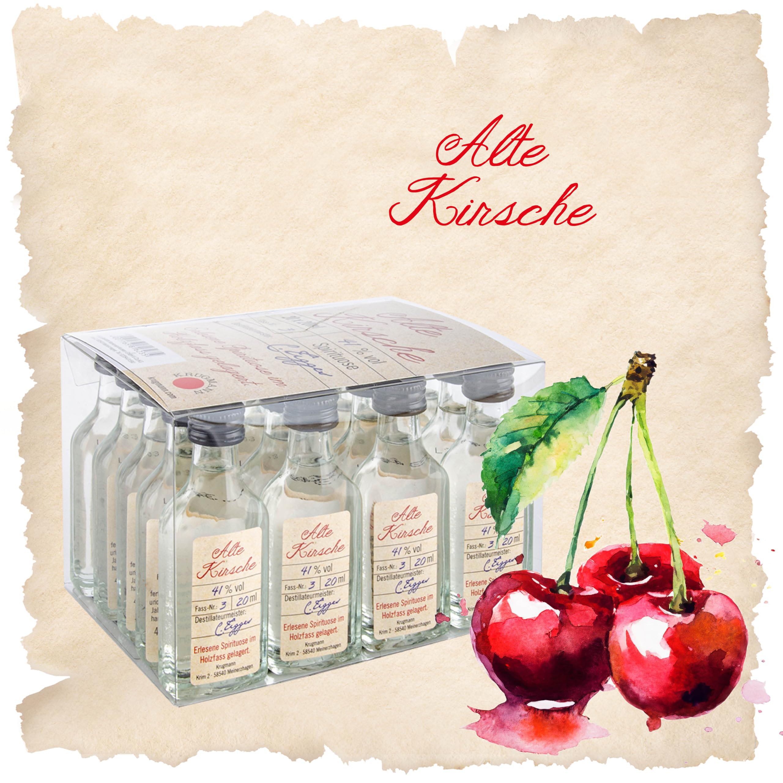 Alte Kirsche Obstbrand - 20 x 20 mL Exquisiter und milder Schnaps, im Holzfass gelagert, 41% - Entdecken Sie den Premium-Genuss der ALTE Linie aus Deutschland!