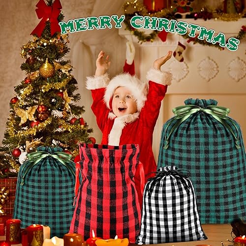 Miniatura 6 de Zhengmy 30 bolsas de algodón de Navidad a cuadros de gran tamaño con cordón, bolsa de almacenamiento con cordón, bolsa de almacenamiento de