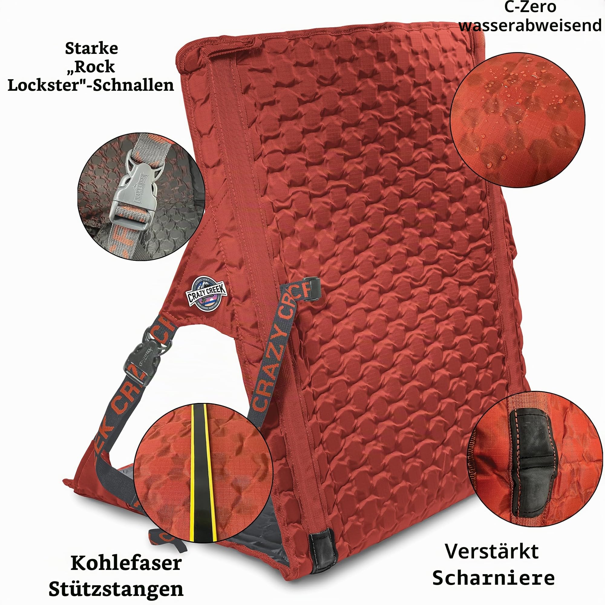 Crazy Creek HEX 2.0 LongBack Stuhl für Rucksackreisen, Camping und Stadion, extra Breite und Rückenhöhe, 113,4 kg Gewichtskapazität, verstellbare Gurte mit Rock Lockster (R) Schnallen
