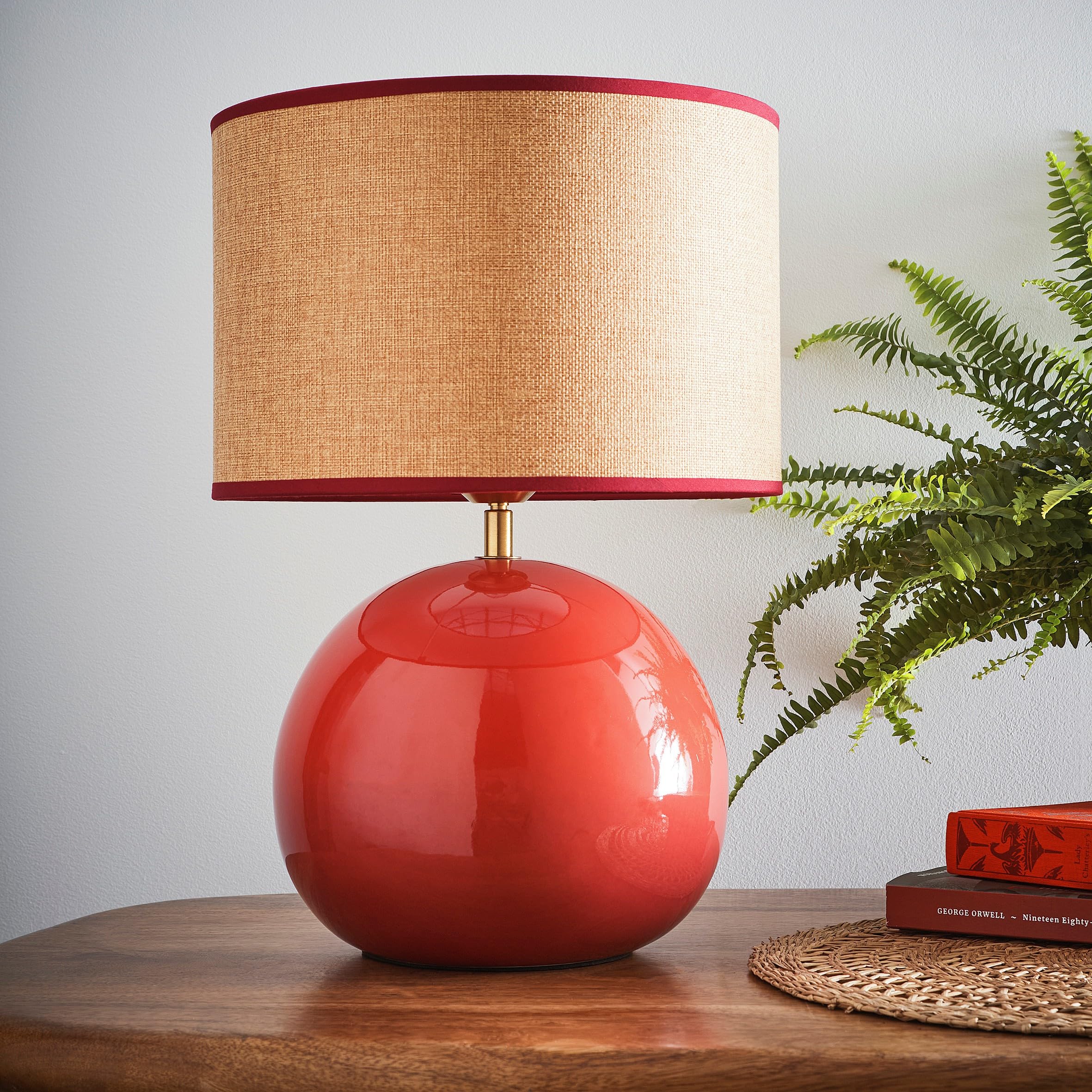 Lata Ceramic Table Lamp – 44cm | Glossy Glazed Base with Textured Fabric Shade – Available in Blue, Green & Red (Red)