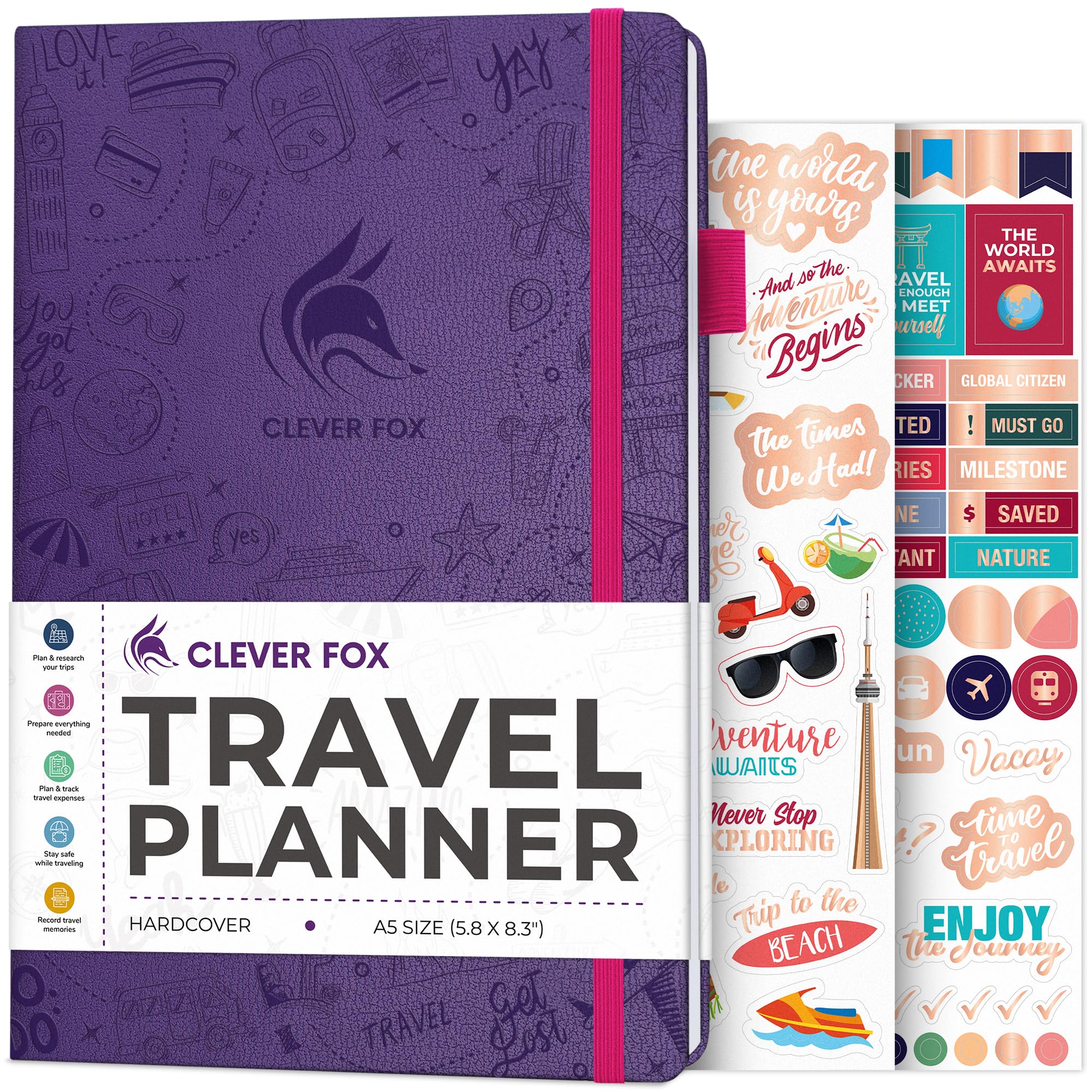 Clever Fox Travel Journal – Vacation & Trip Organizer with Budget Plan, Packing List, Travelling Expense Tracker, A5 (Purple)