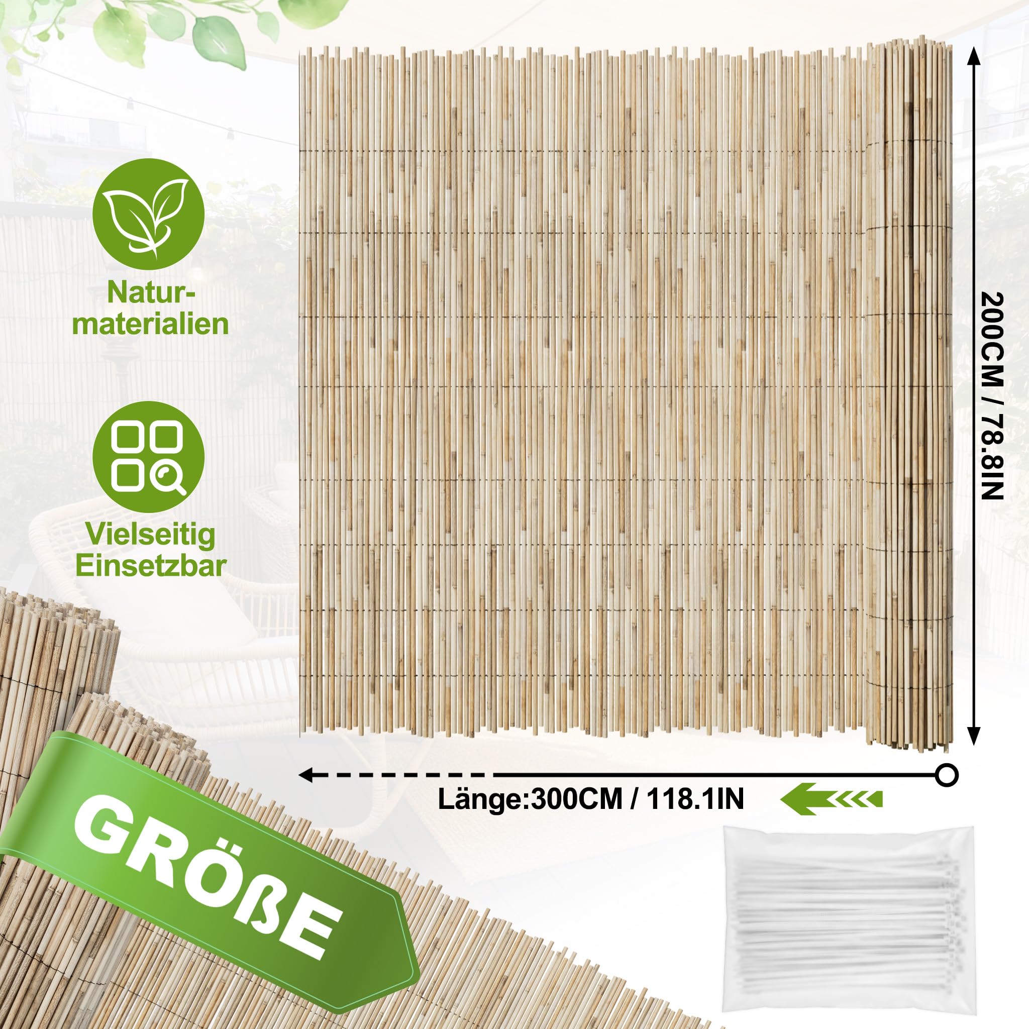 Froadp Mata trzcinowa, ogrodzenie siatkowe, mata maskująca 200 x 300 cm, naturalna ochrona przed wzrokiem, trzcina, przepuszczająca powietrze i przepuszczająca światło, w zestawie 50 opasek kablowych
