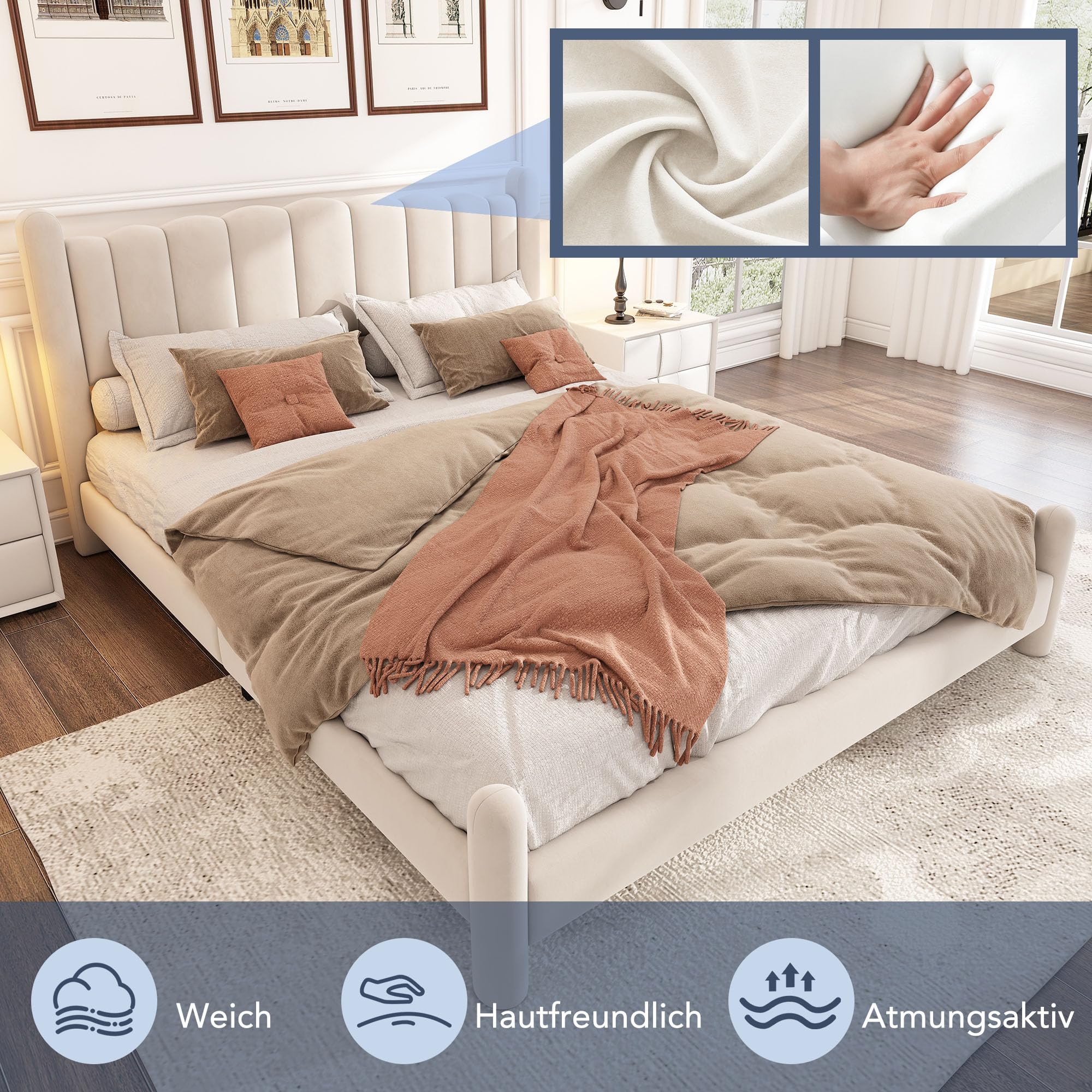 Letto imbottito 180 x 200 cm, con rete a doghe e testiera, elegante testiera a ventaglio, gambe di supporto cilindrice, velluto, beige